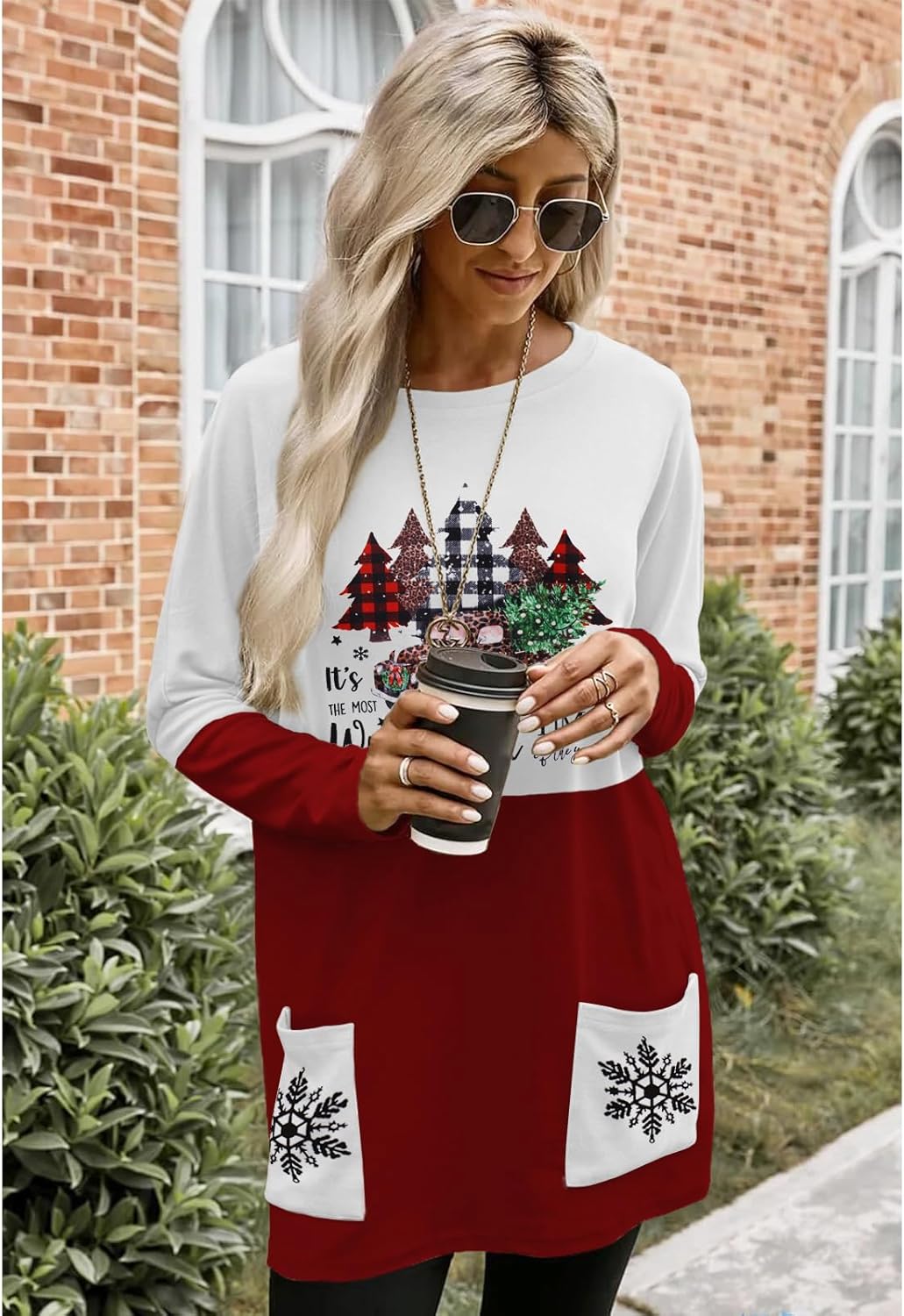 Women Christmas Shirt Xmas Tree Truck Crewneck Sweatshirt Plaid T-Shirt Dress Long Sleeve Blouse Pullover Tops - Image 2