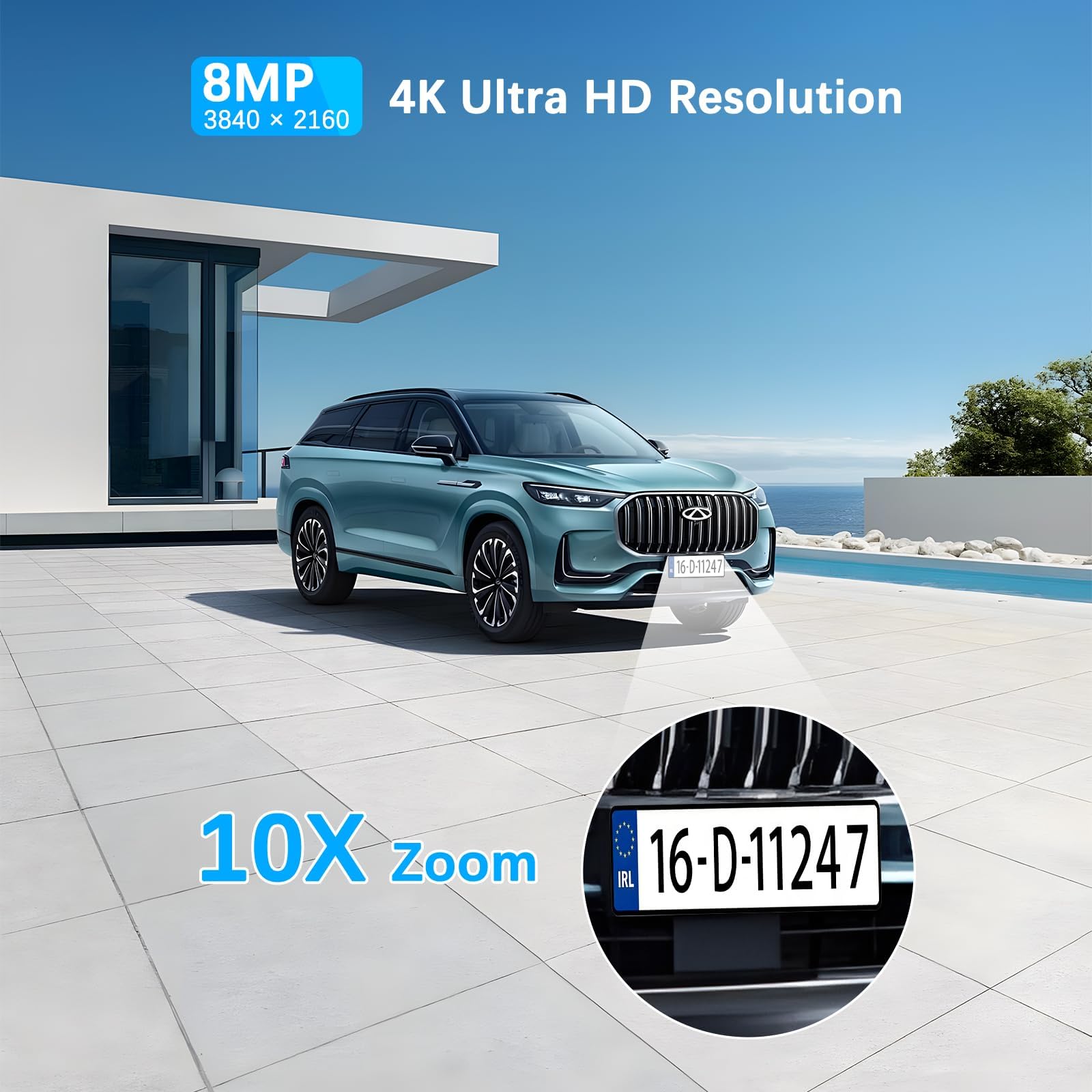 Cámara de vigilancia WiFi exterior inalámbrica 4K, triple objetivo 10X, cámara exterior solar con panel, detección humana PIR, visión nocturna, audio bidireccional, seguimiento automático, IP66, 2