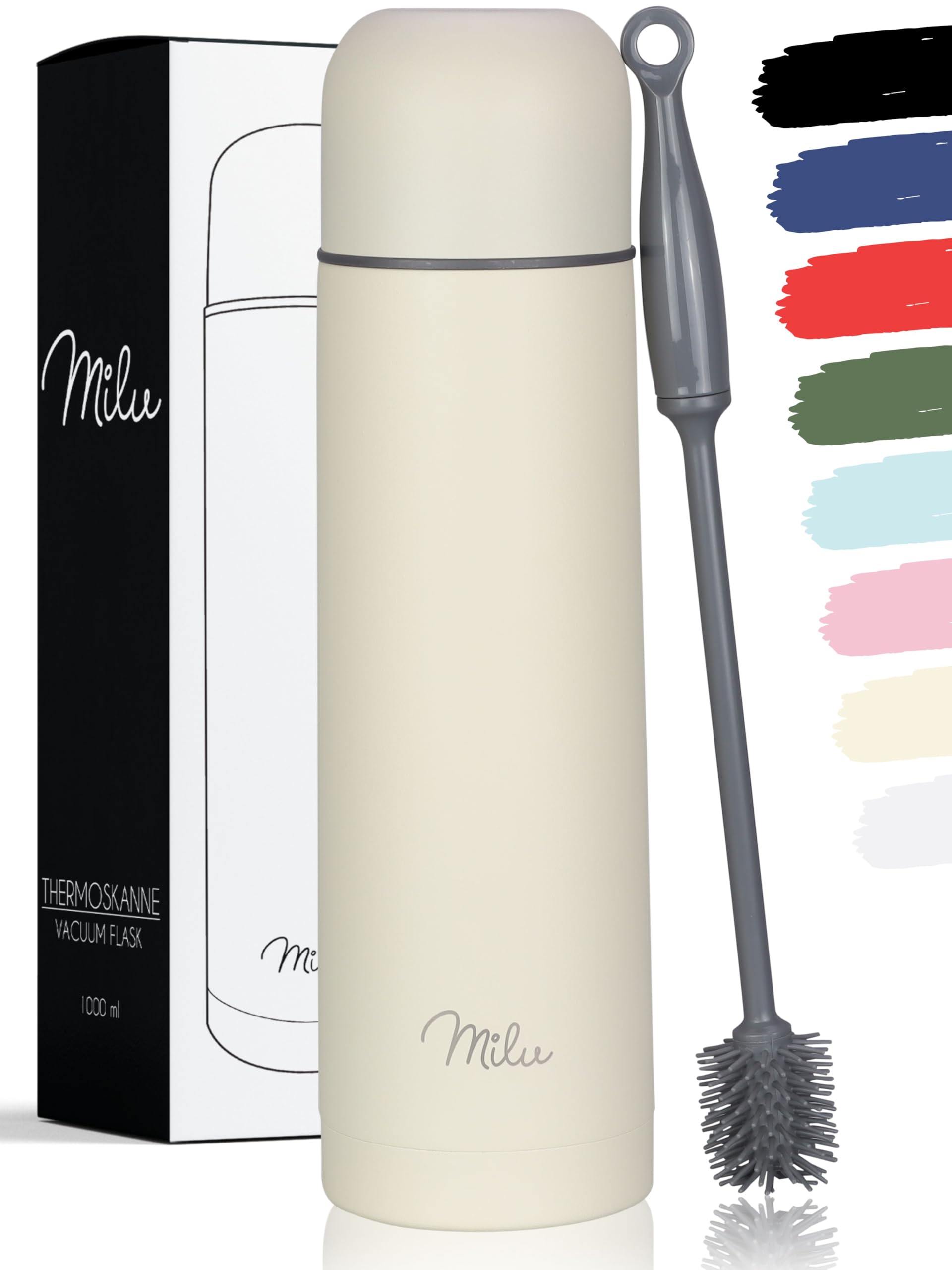 Milu Buttercream Vacuum Insulated Flask 1L, 750Ml, 500Ml - Thermo Water Drinking Bottle With Cup For Hot & Cold Drink - Stainless Steel, 100% Leak-Proof (, 1000Ml)