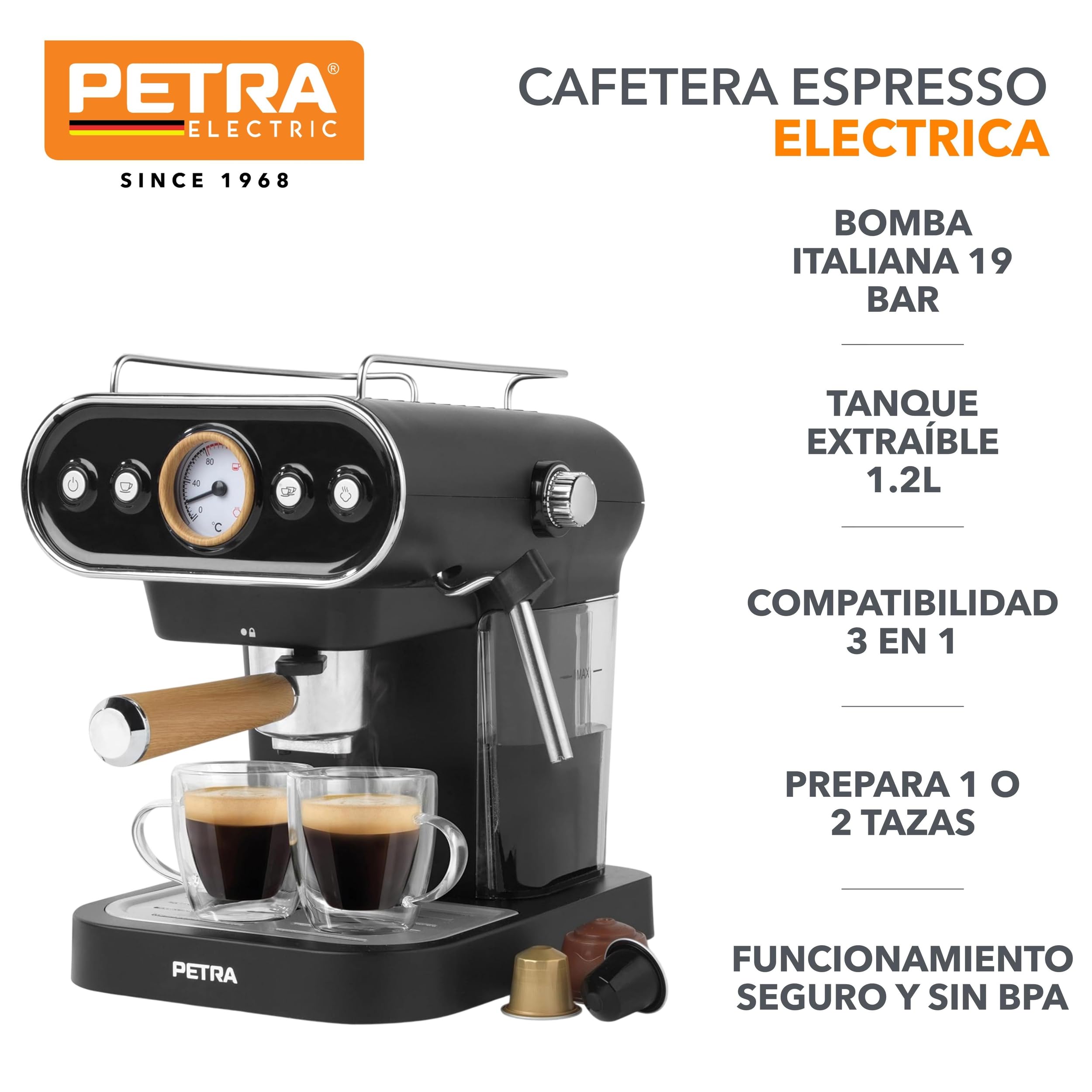 Petra PT5108VDEEU7 Cafetera espresso electrica de estilo retro, compatible con cápsulas de 30/54 mm y café molido, vaporizador de leche ajustable, bomba de presión italiana de 19 bar, sin BPA, 1050 W