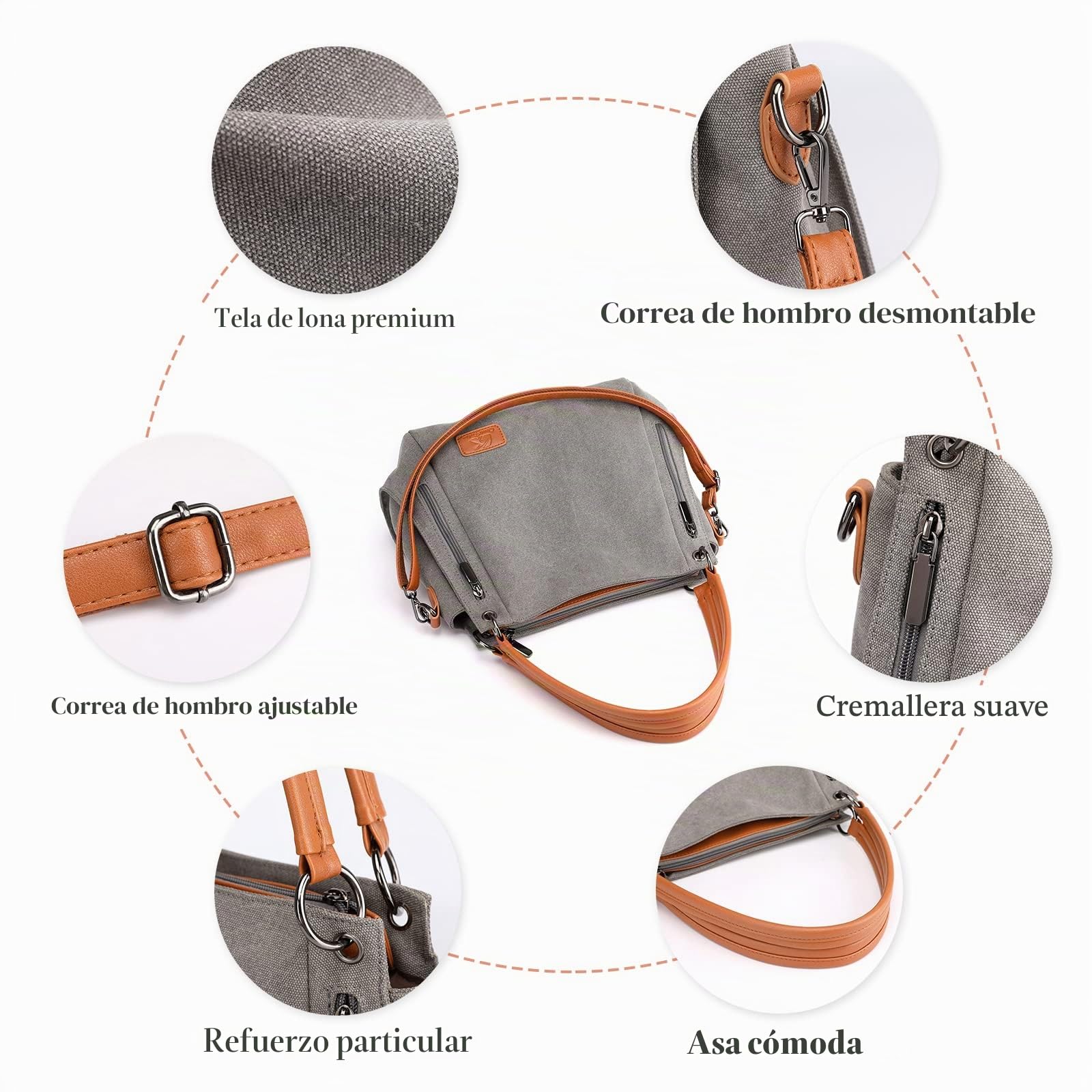 CORIOS Retro Bolso de Mano para Mujer Bolso de Hombro Lona Bolso Bandolera Gran Capacidad Bolso Tote Bolsa Shopper Multifuncional Bolsa de Ocio para Trabajo Compras Citas Viajes Gris