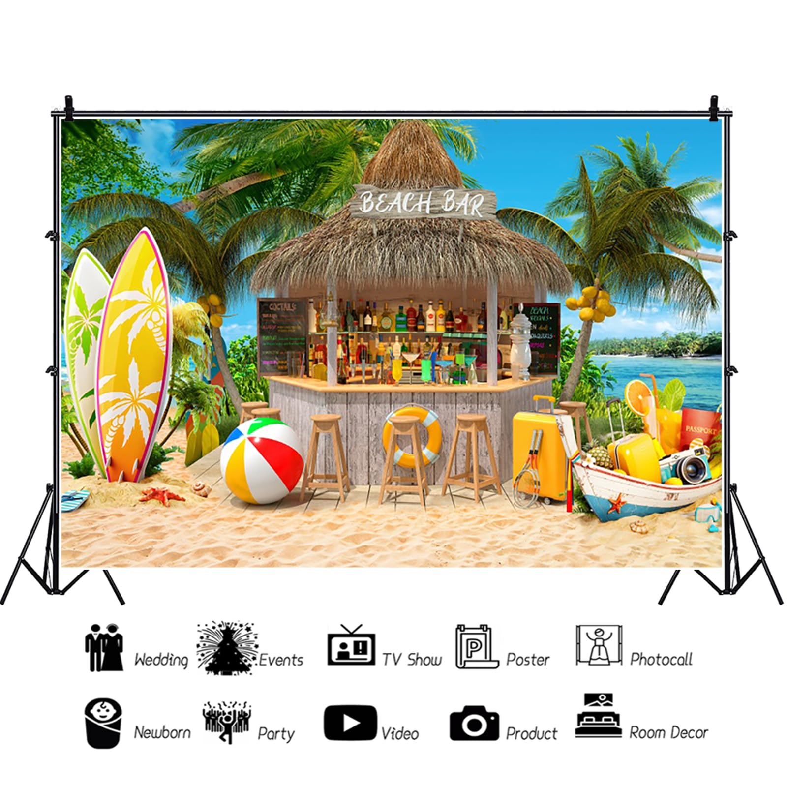 Sfondo Fotografico Spiaggia Hawaii 3x2.5m, Estate Tropicale Palme Spiaggia Bar Tavola da surf Luau Tiki Tema Fotografia Sfondo Hawaii Aloha Compleanno Festa Decorazione Banner Studio Puntelli