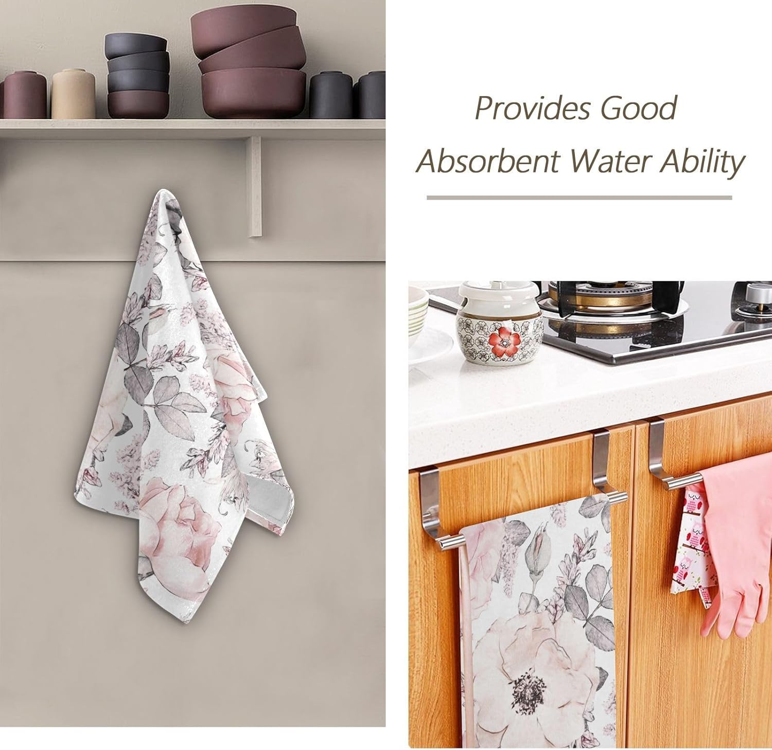 2 Pack Watercolor Pink Grey Flower Hand Towels Soft Absorbent Vintage Blossom Rose Floral Gray Leave Bathroom Decor 14"x28" Guest Face Bath Towels,Decorative Towels for Bathroom,Kitchen,Spa - Image 6