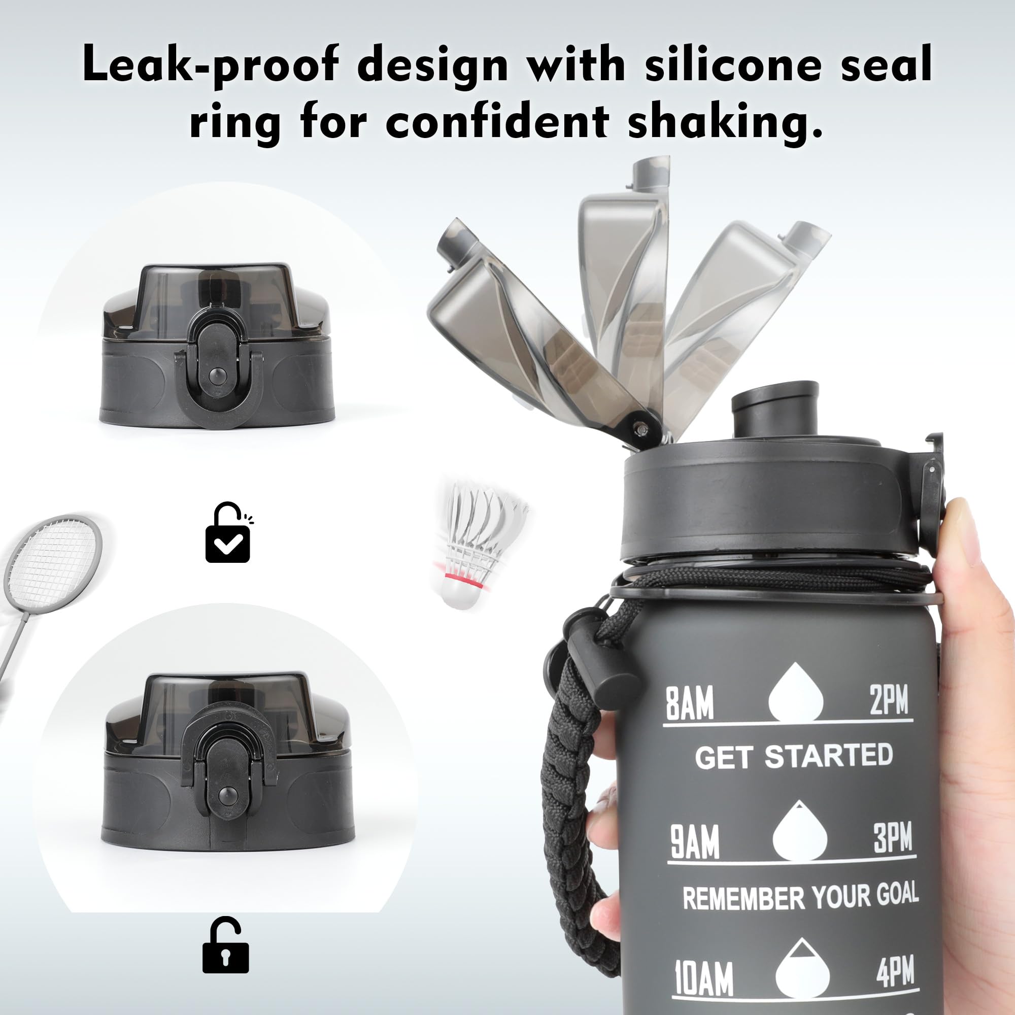 AiQInu Borraccia 1 Litro con Indicatore di Tempo e senza BPA, Aprova di Perdite, Chiusura Sicura, Cavo per Ombrello e Manico per il Trasporto Intrecciato per Palestra, Fitness e Outdoor