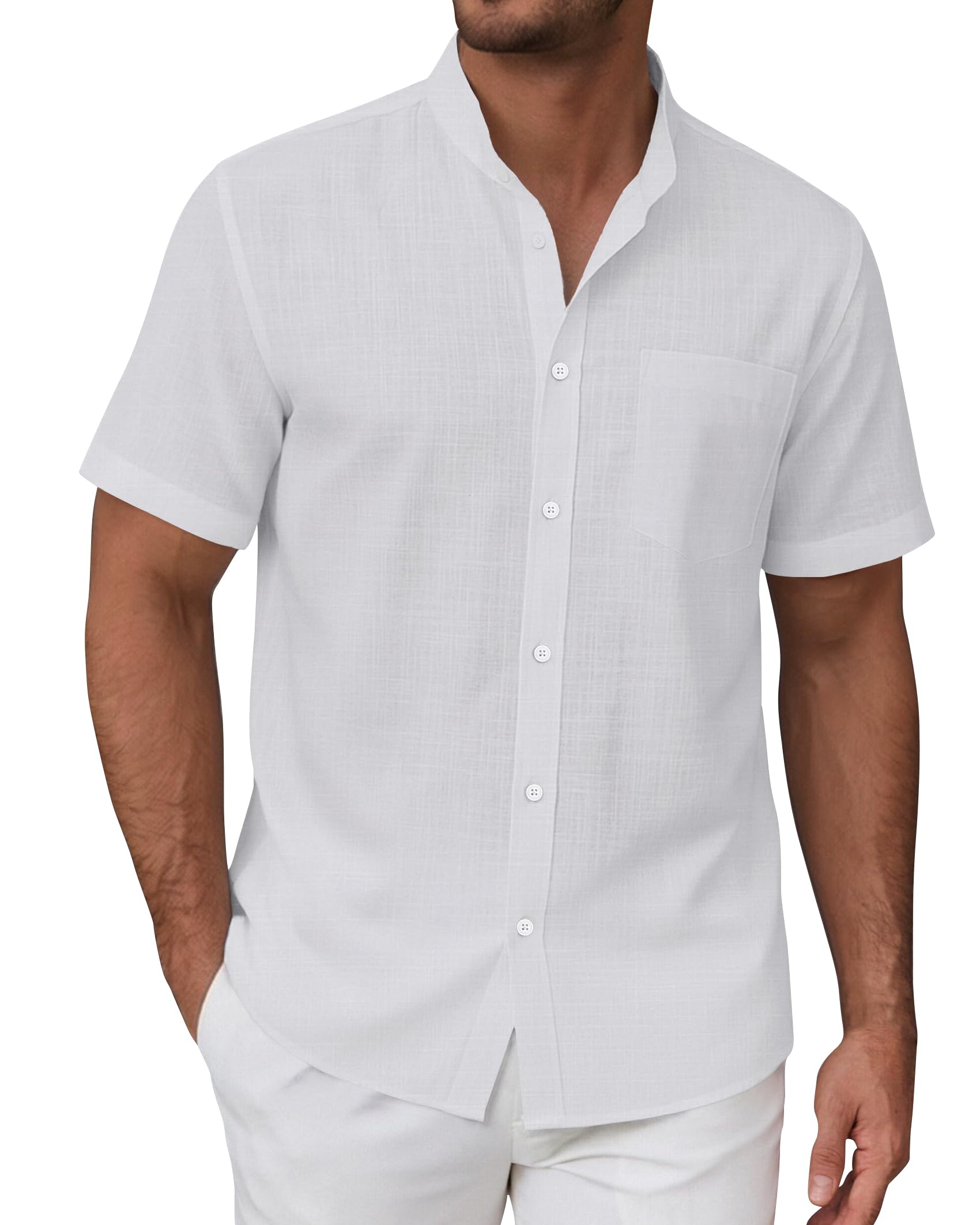 siliteelon Leinenhemd Herren Kurzarm Stehkragen Sommerhemd Freizeithemd Regular Fit Kragenloses Leinenshirt Standhemd