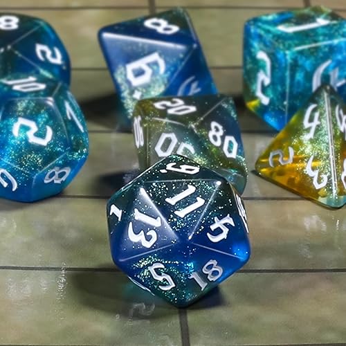 Miniatura 3 de CiaraQ DND - Juego de dados poliédricos para juegos de rol de Dungeons and Dragons RPG MTG, con 1 bolsa de dados (azul + amarillo + purpurina)