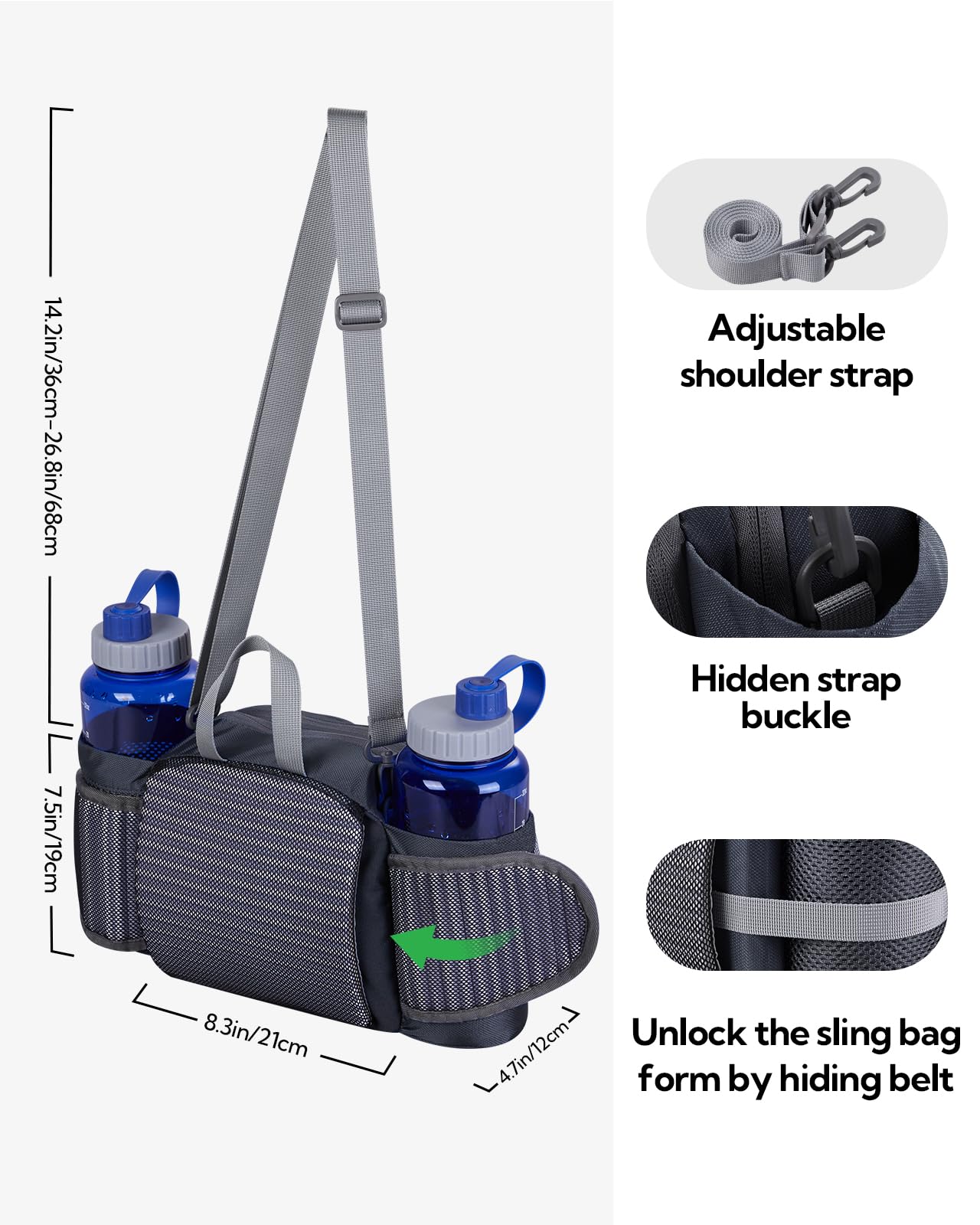 WATERFLY Marsupio: Fannie Pack 2 portabottiglie da acqua cintura lombare escursionismo camminata corsa jogging campeggio grande donna uomo (bottiglia non inclusa)