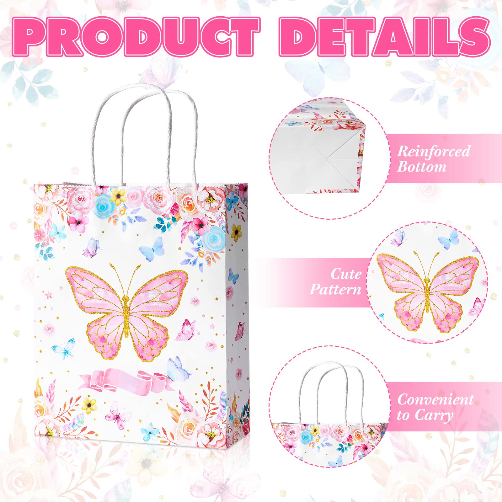 MotiMind 24 Pcs Butterfly Party Favor Bags - Glitter 3D Butterfly Decor With Handles For Birthday, Baby & Bridal Showers