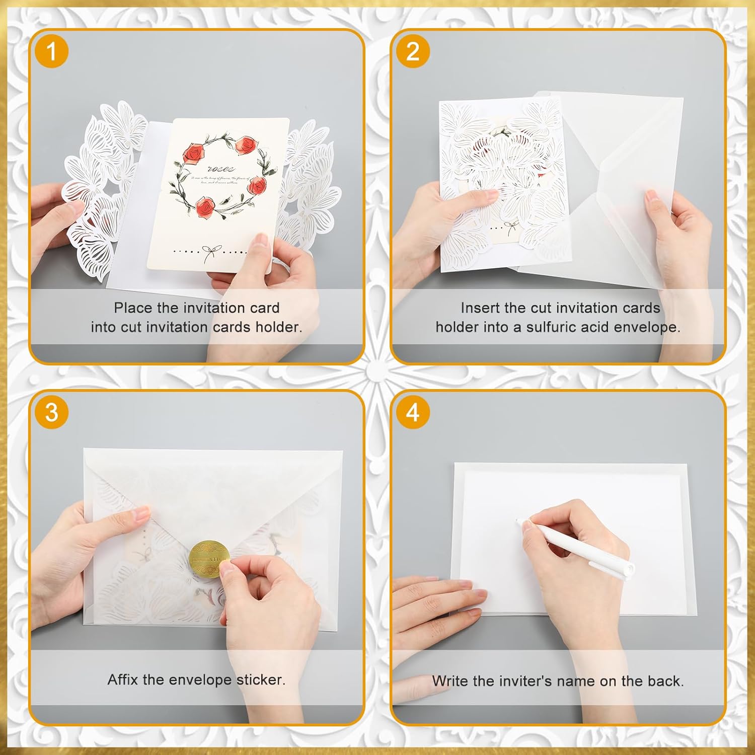 25 Set 5 x 7 Inch Laser Cut Invitation Sleeves Wedding Ivory White Invitation Card Pocket with Envelopes Stickers for Quinceanera Wedding Bridal Shower Engagement Party, No Insert
