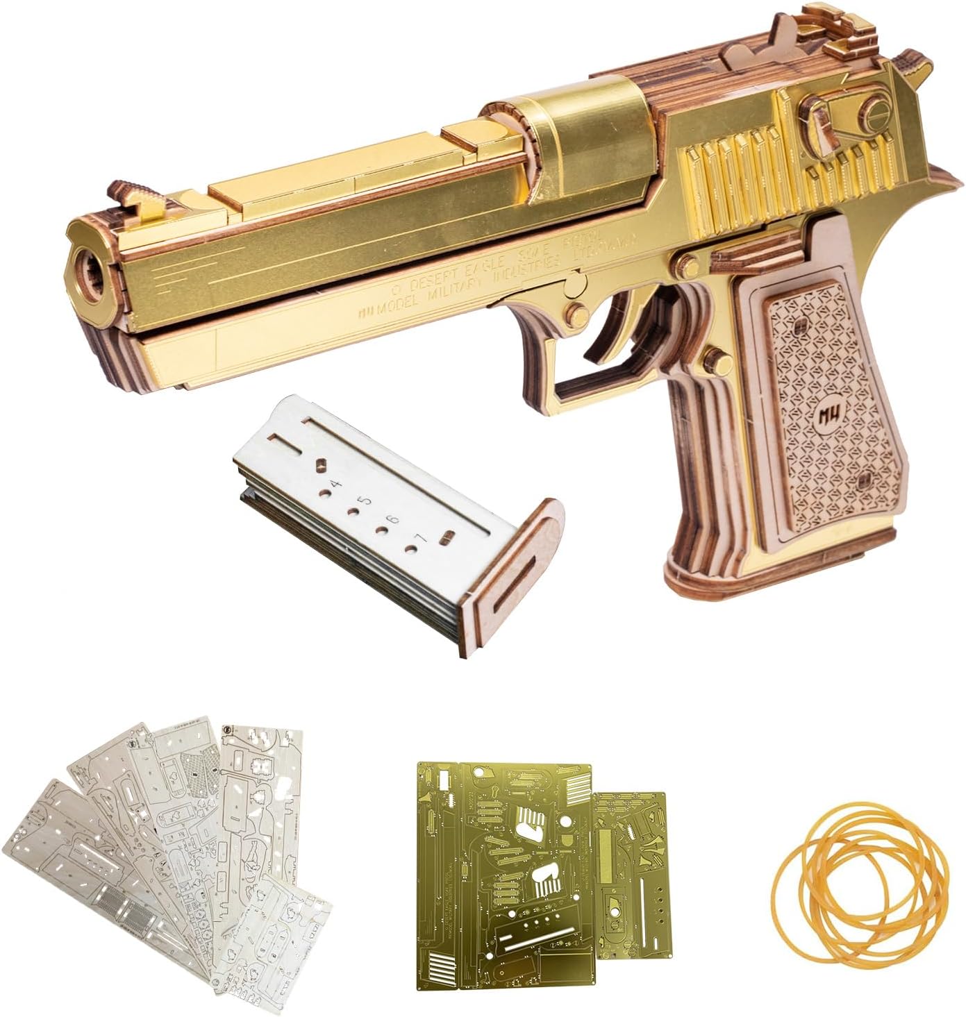 MU Wood Puzzle for Adult Desert Eagle-Golden Armour Defender Rubber Band Gun Building, AK47 Revolver Pistol Toys 3D Metal Puzzles Model Kits, Handgun DIY Kits Xmas Birthday Gifts Desk Decor