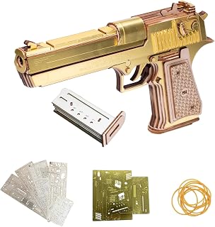 MU Wood Puzzle for Adult Desert Eagle-Golden Armour Defender Rubber Band Gun Building, AK47 Revolver Pistol Toys 3D Metal Puzzles Model Kits, Handgun DIY Kits Xmas Birthday Gifts Desk Decor