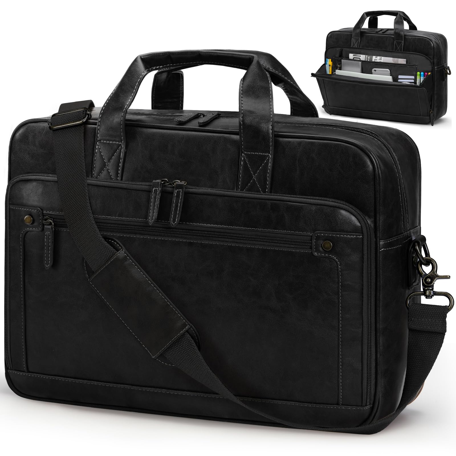 RAINSMORE Sacoche Ordinateur Homme 16 Pouces Cartable Homme Cuir PU Sac Bandoulière Imperméable Porte Document pour Travail Affaires Collège