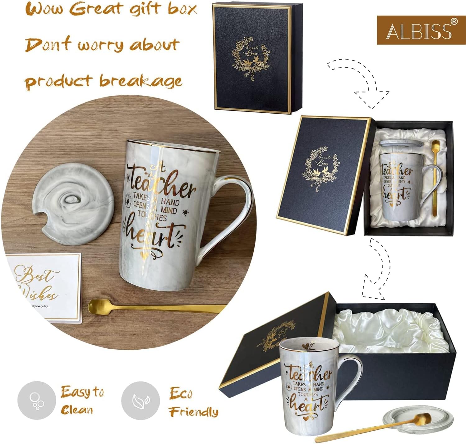 Doublewhale Teacher Gifts for Women Men Best Teacher Birthday Gifts for Female Male Thank You Teacher's Day Profosser Mentor Gift 14oz Marble Coffee Mug with Gold Print Spoon Lid Card Gift Box - Image 4