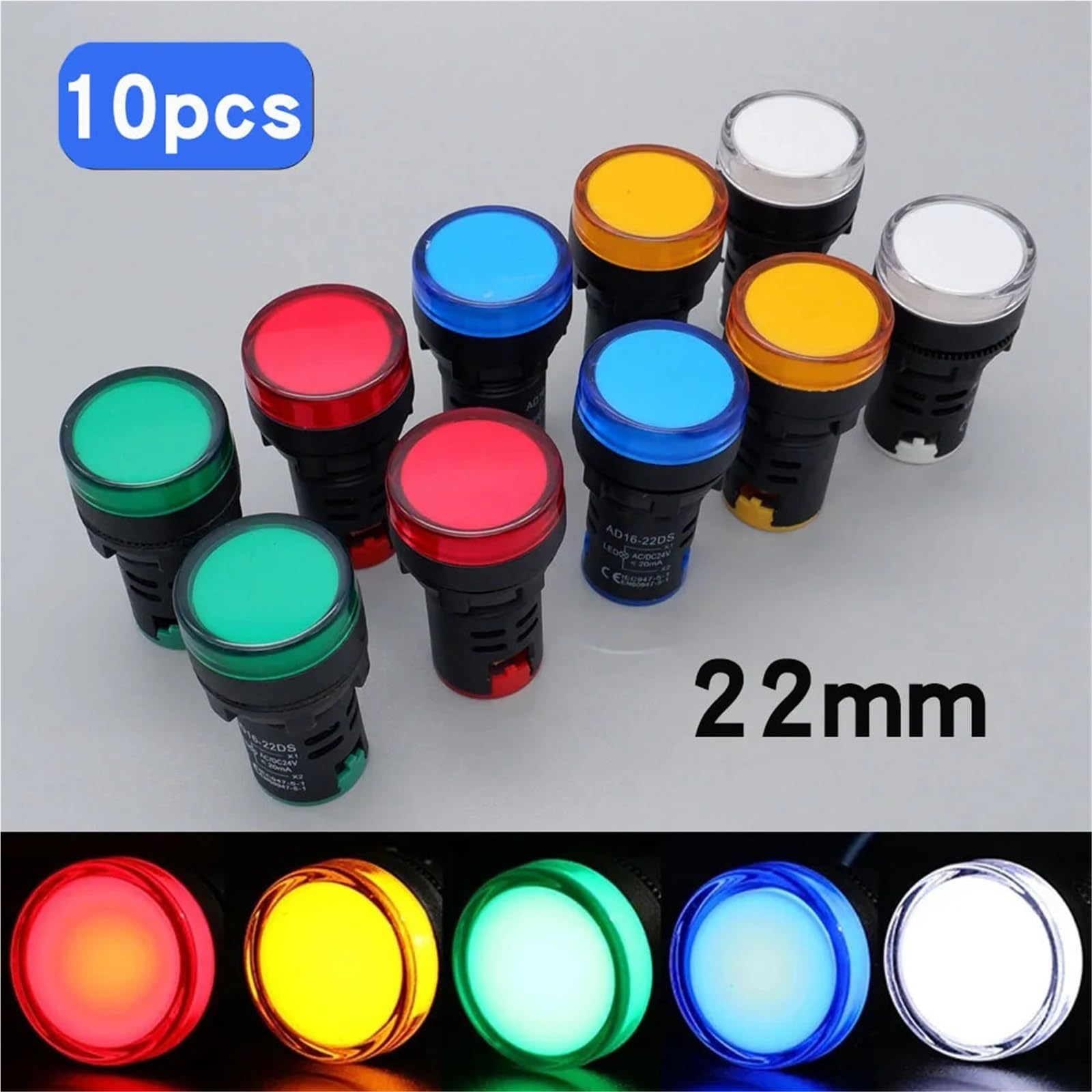 Lot de 10 voyants LED en plastique de 22 mm, 12 V, 24 V, 220 V, rouge, vert, bleu, jaune, blanc, montage sur panneau(10pcs Red 220V)