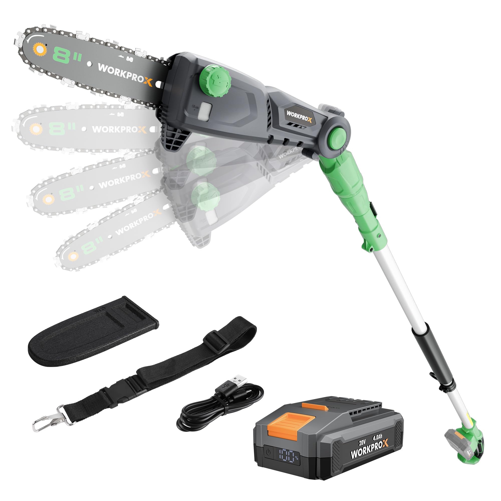 WORKPROX Cordless Pole Saw with 45° Adjustable Head, 20V 20 cm Pole Chainsaw with 4000mAh Battery, Lightweight 2.8 m Long Reach Electric Pole Saw for Tree Trimming