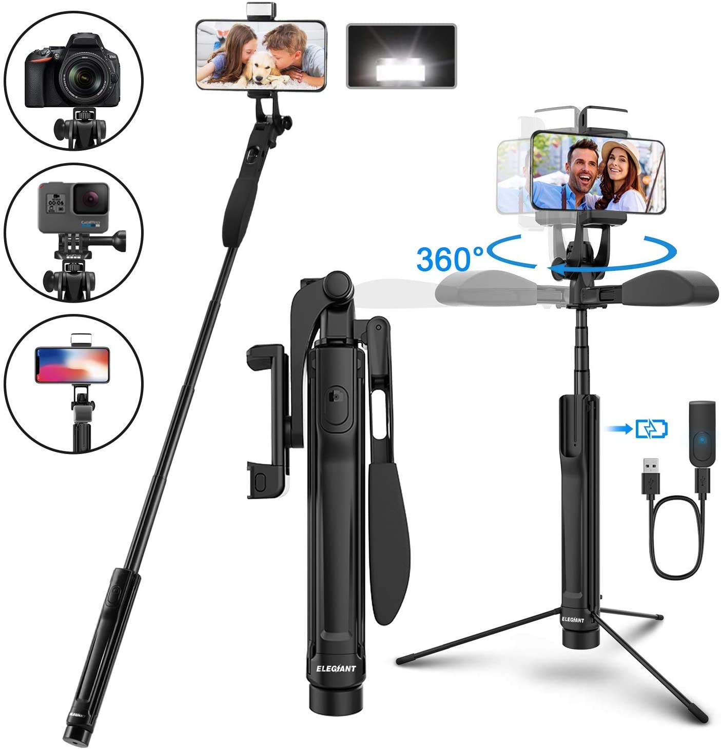 Selfie Stick Tripod, ELEGIANT Extendable Phone Tripod Stand for Phone and Camera with Bluetooth Remote, LED Light, Balance Handle Compatible with iPhone 12 11 Pro Xs Xr Android Galaxy S20 DSLR Gopro