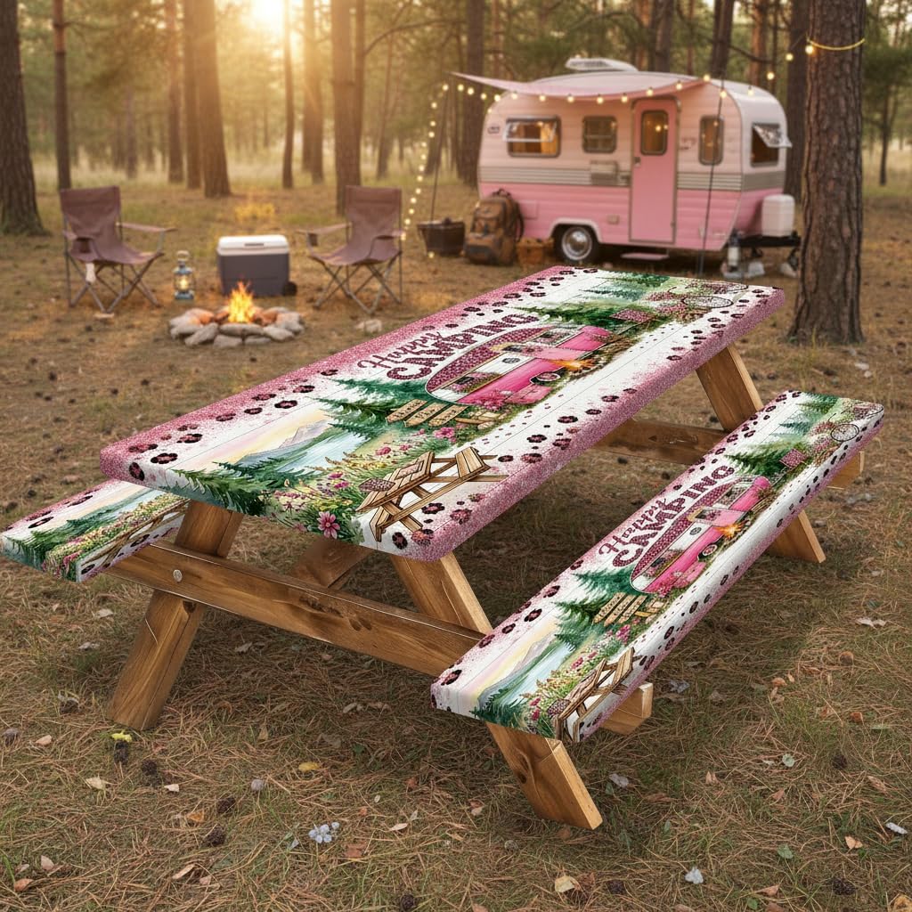 Pink Happy Camping Picnic Table Cover with Bench Covers Set | 3PCS Retro Camper RV Mountain Forest Pink Leopard Waterproof Picnic Tablecloth for Outdoor Camping Yard Party Decor 72in