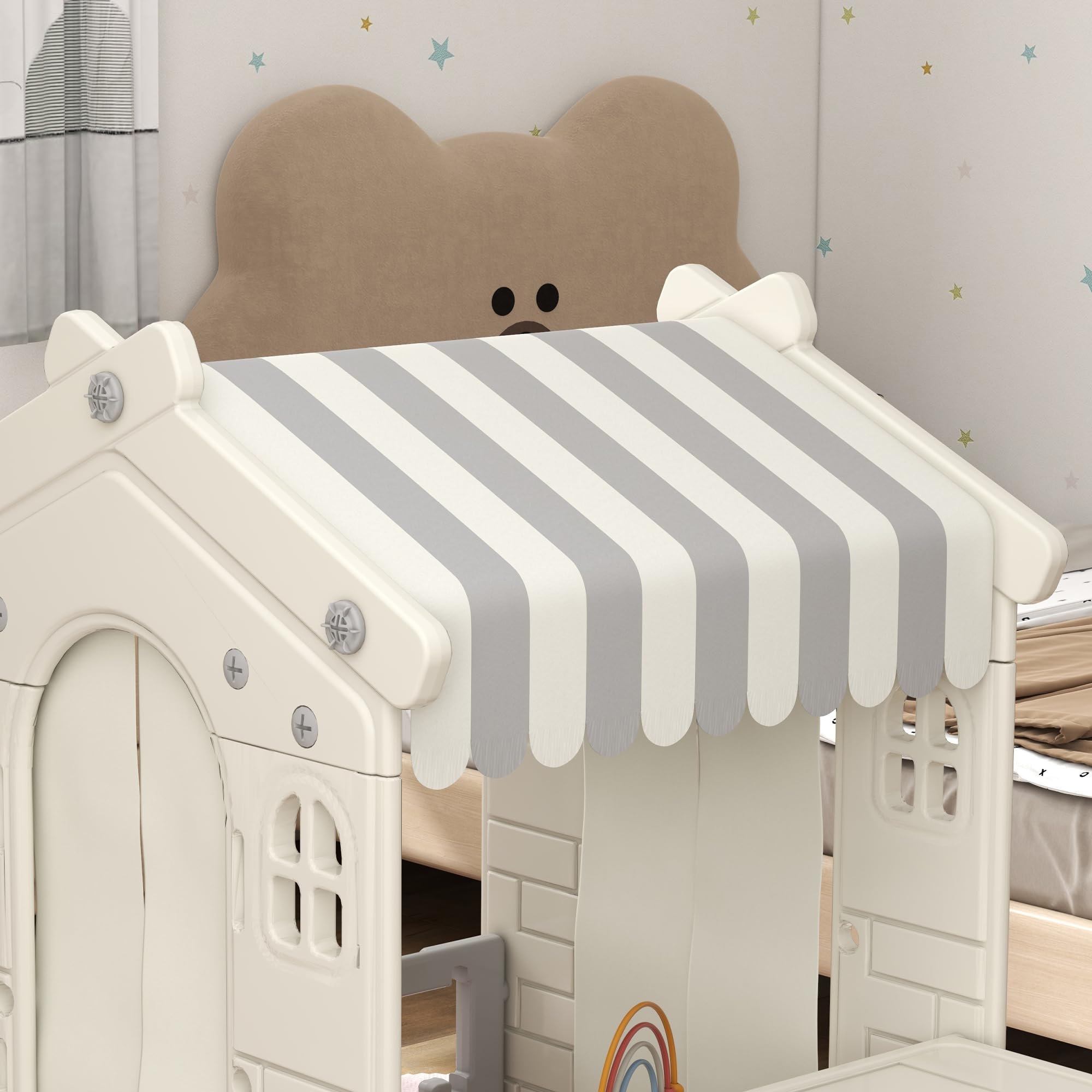 AIYAPLAY Casetta per Bambini con 4 Finestre, Porte ad Arco, Tetto e Bancone, Plastica, Crema