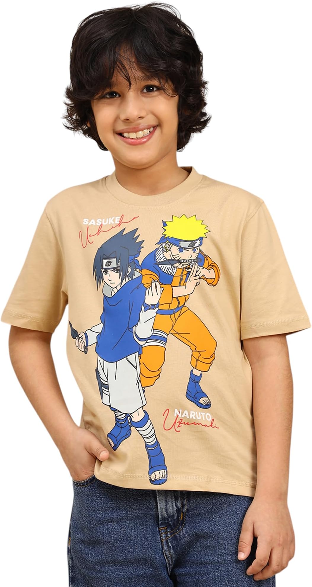 Official Naruto Graphic Printed Boys Beige Regular Fit Tshirt for Kids Boys
