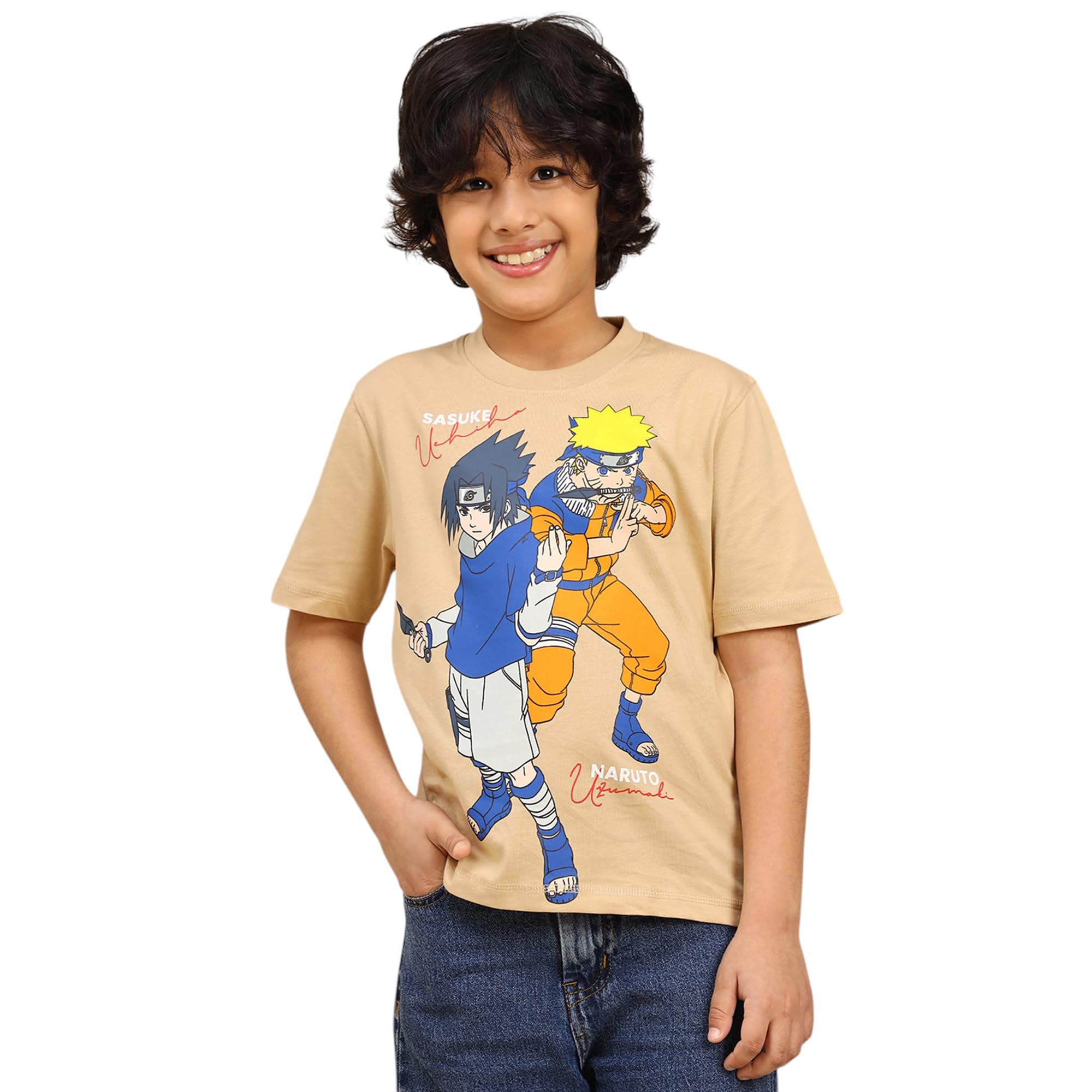 Official Naruto Graphic Printed Boys Beige Regular Fit Tshirt for Kids Boys