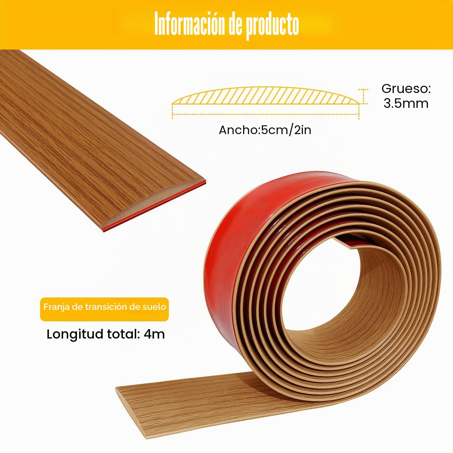 400 x 5cm Tira de Umbral de Autoadhesivo, Tira de Transición de Suelo de PVC, Listones de Madera Decorativos Autoadhesivos, Para Juntas Entre Suelo y Baldosa (Roble amarillo)