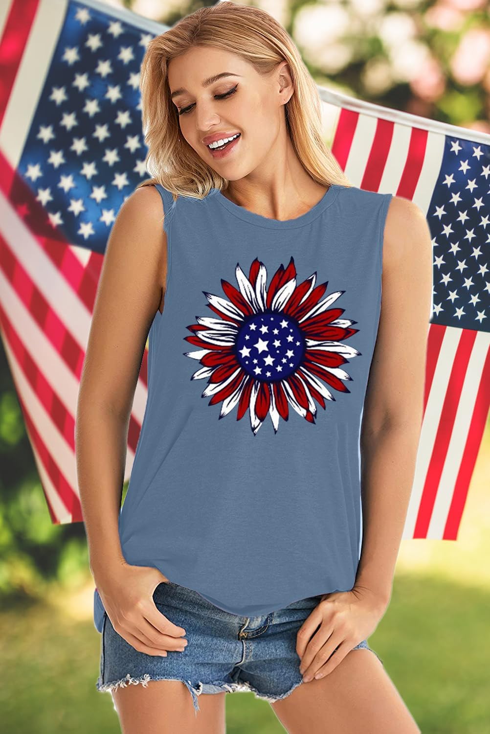 American Flag Sunflower Tank Top Women 4th of July Patriotic Sleeveless Shirts USA Stars Stripes Tee Top - Image 4