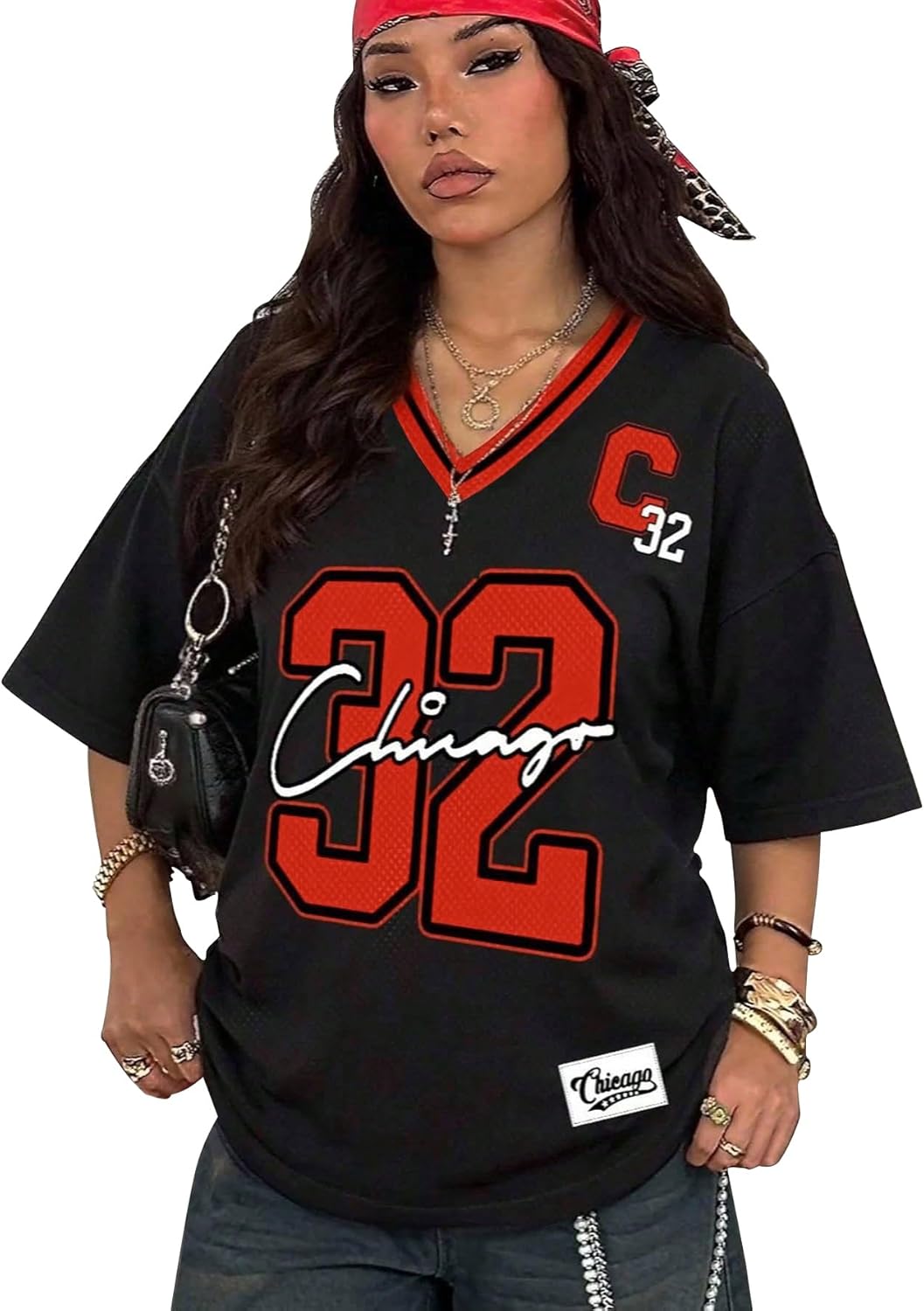 Women's Jersey Shirts Oversized V Neck Short Sleeve Tops Number Graphic Tees Sports Streetwear Summer Clothes