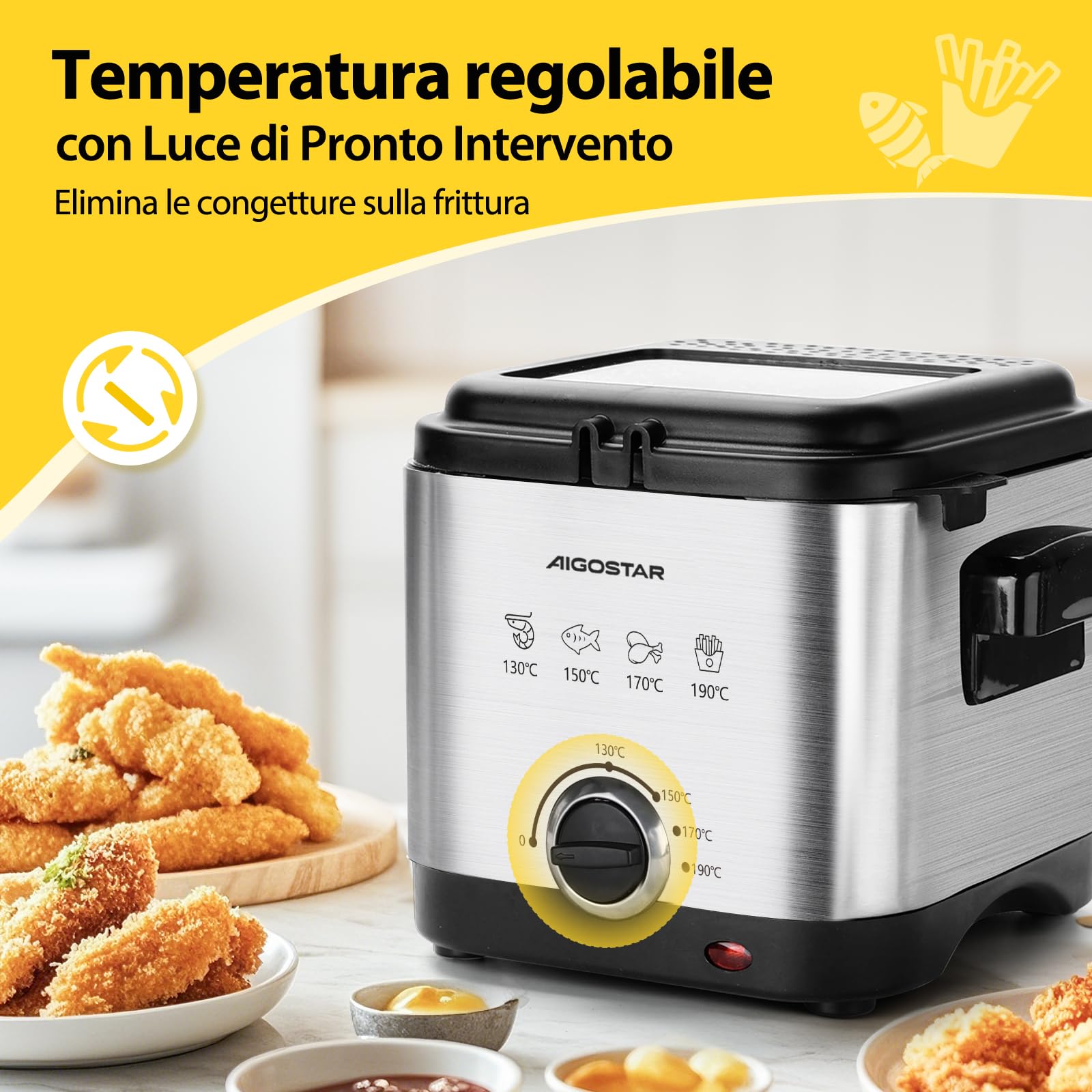 Aigostar Friggitrice Elettrica in Acciaio Inox 1.5L, 1000W con Regolazione Temperatura, Filtro Antiodore, Finestra di Visualizzazione, Cestello Rimovibile e Scala Olio, Design Compatto e Sicuro