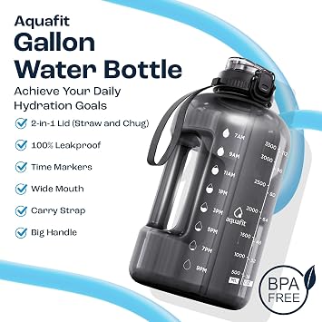 AQUAFIT 1 Gallon Water Bottle with Time Marker, 2in1 Lid | BPA Free 128 oz Water Bottle with 2in1 Straw and Chug Lid - Leakproof Gym Water Bottle with Carry Handle (Gray)