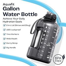 AQUAFIT 1 Gallon Water Bottle with Time Marker - Straw & Chug Lid - BPA Free Gym Water Bottle with Straw - Big Gallon Jug (Gray, 128 oz - 2in1 Lid)