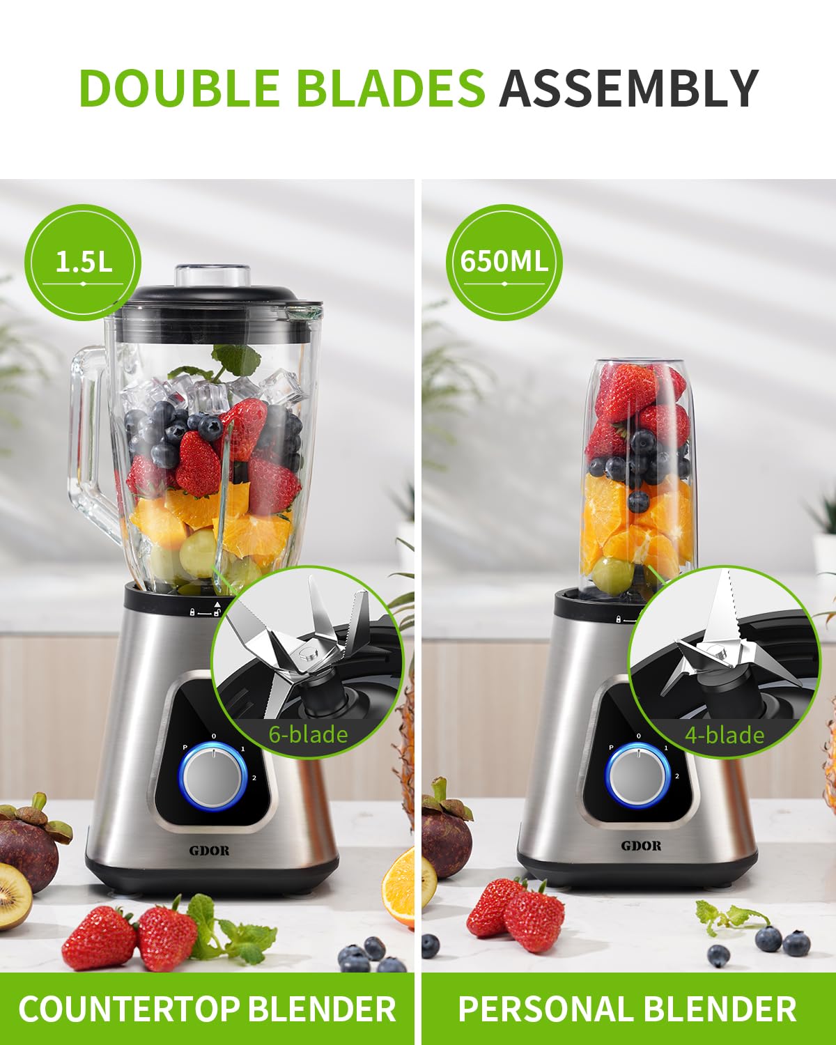 GDOR Mixeur en verre 1200 W 2 en 1 avec pichet en verre de 1,5 l et gobelet de voyage de 650 ml - 3 vitesses - Mixeur professionnel pour smoothies, shakes, boissons glacées, sauces