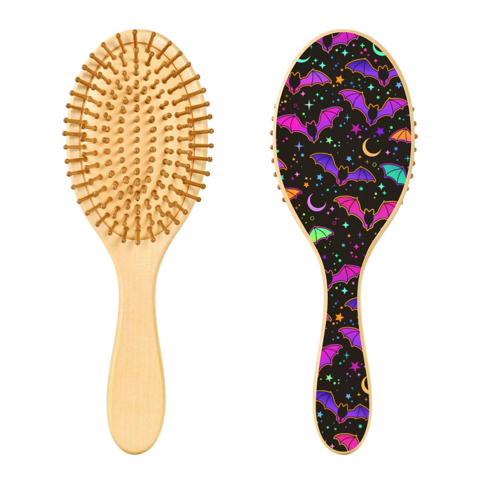 Wooden Hair Brush, Purple Bright Bat Gothic Hairbrush for Long Short Curly Thick Thin Hair,Women Men Boys Girls Hair Brush