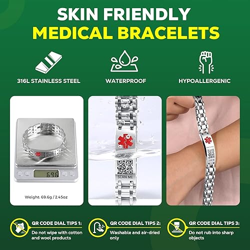 Vista 23 de Pulseras médicas mejoradas para hombres y mujeres con código QR, pulseras de identificación de alerta médica, pulsera de acero de titanio que se