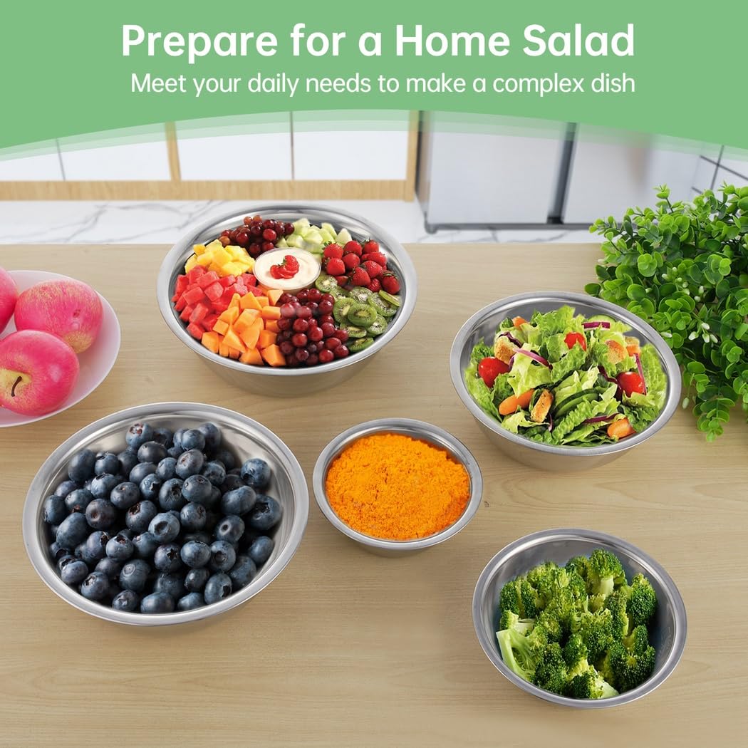 5 cuencos para mezclar de acero inoxidable, anidables y apilables para una organización eficiente de la cocina, perfectos para cocinar y eventos al aire libre