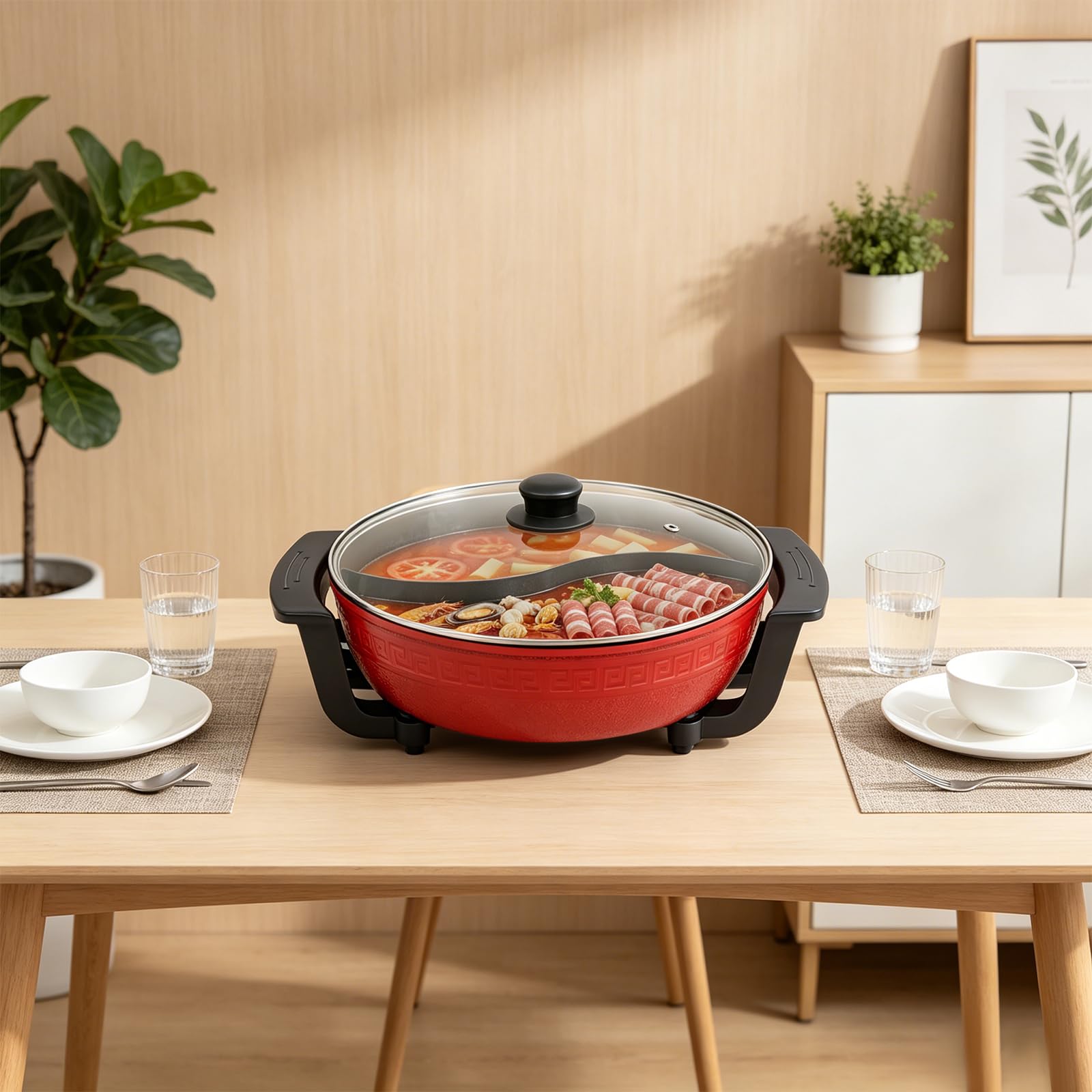 Hot Pot électrique 6 l, 1360 W avec deux saveurs, cuisinière électrique antiadhésive avec cloison de séparation, couvercle en verre transparent, contrôle de la température, Hot Pot pour 6 à