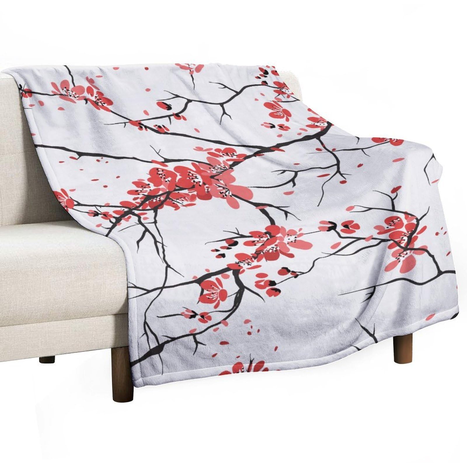 Hxwokrum Flannel Blanket, Cherry Blossom Throw Blanket for Couch Sofa Bed Office, Soft And Comfortable Without Pilling