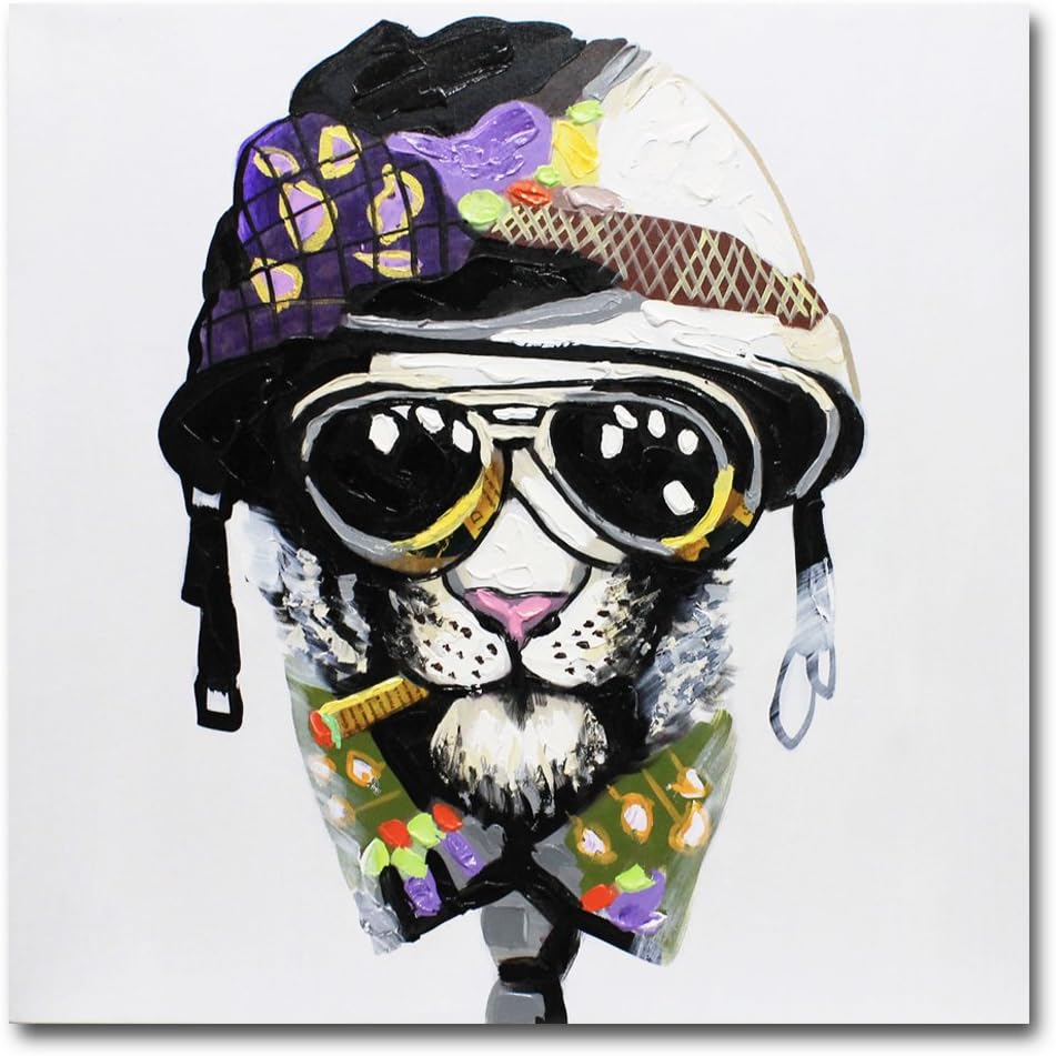 FokenzaryHand Painted Painting Cool Dog with Helmet and Sunglasses on Canvas Wall Decor Framed Ready to Hang