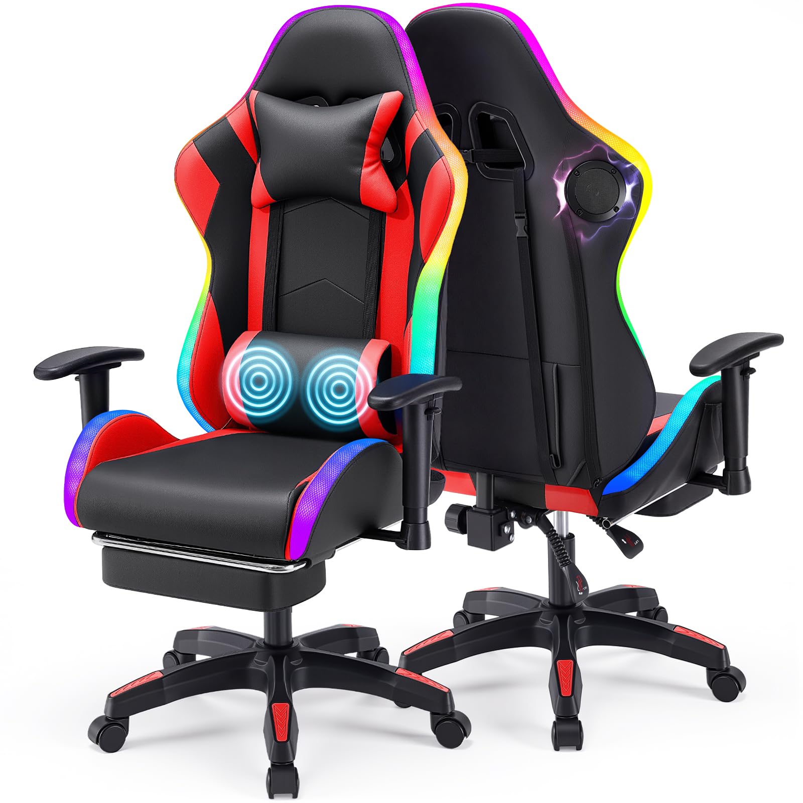 Warmiehomy RGB Gaming Chair with LED Lights and Bluetooth Speakers, Ergonomic Reclining Gaming Chair for Adults with Footrest,Video Game Chair with Adjustable 2D Armrests and Massage, High Back, Red