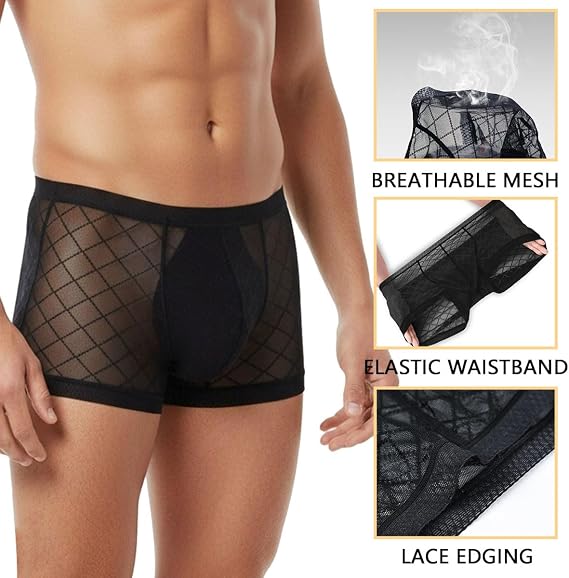 SUMABA Men's Sexy Mesh Underwear Briefs See Through Sheer Boxer Briefs with Pouch