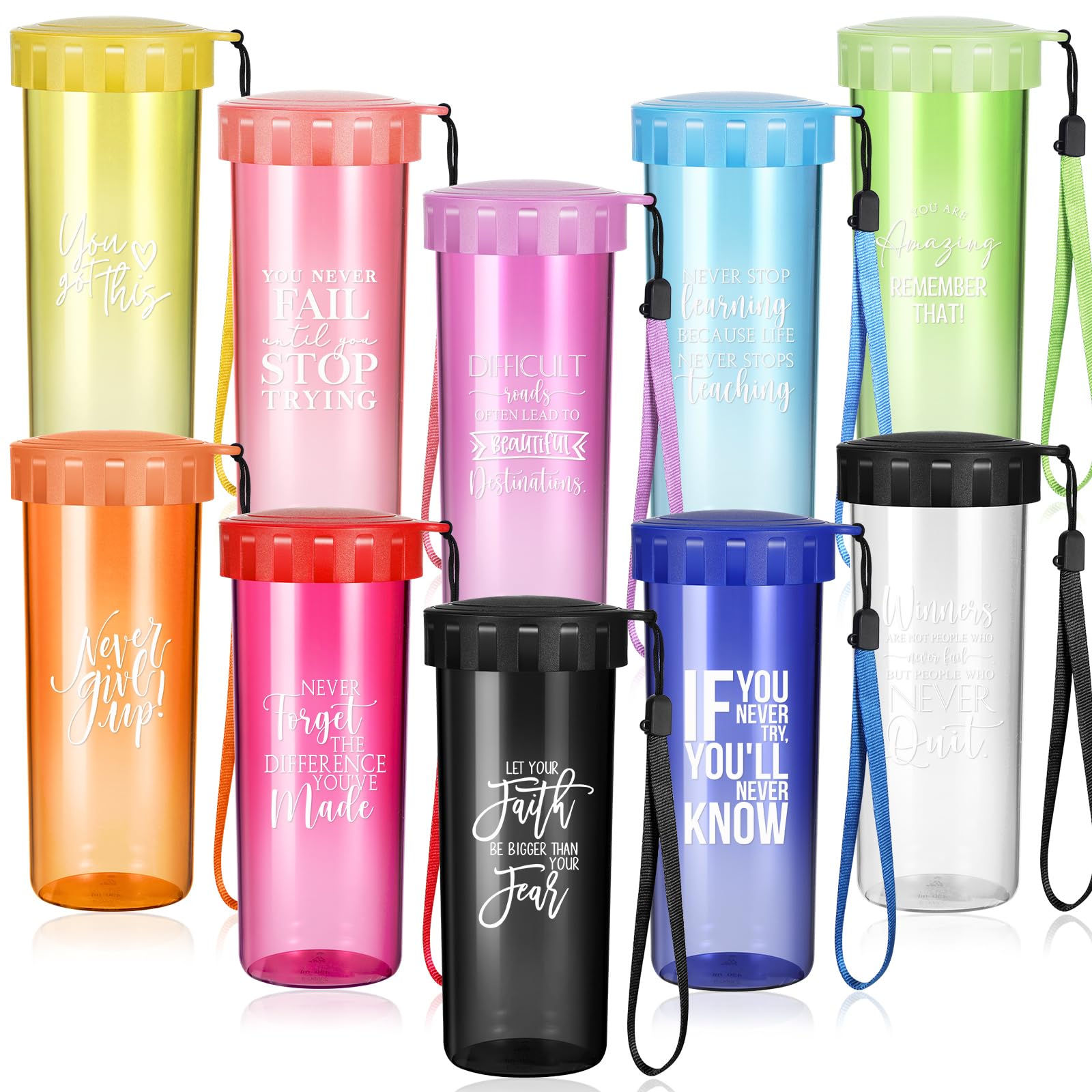 Bouteilles d'eau transparentes réutilisables Lot de 10 gourdes motivation multicolores