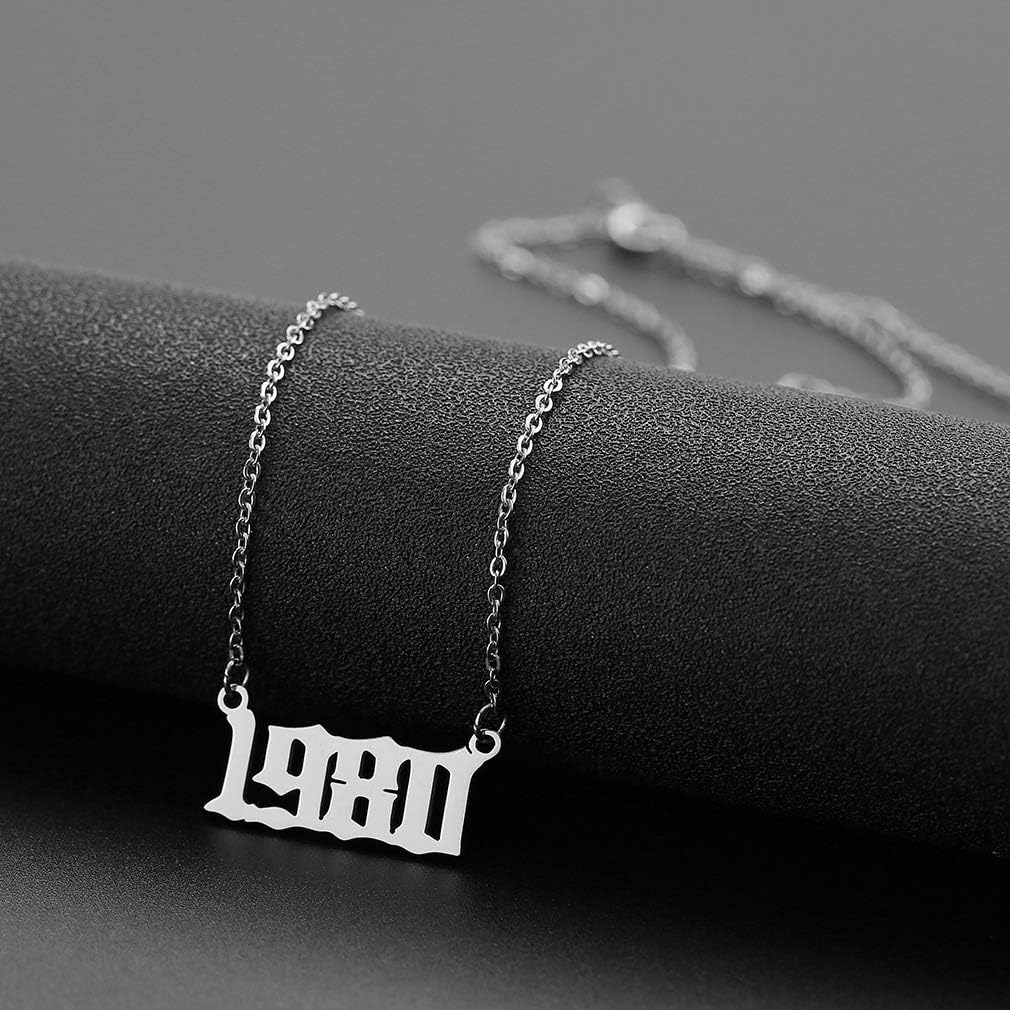 SKQIR Birth Years Necklace,Initial Year Number Pendant Necklace Birthday Gift Charm Friendship Old English Arabic Mumerals Stainless steel Necklace Jewelry for Women Girl - Image 2