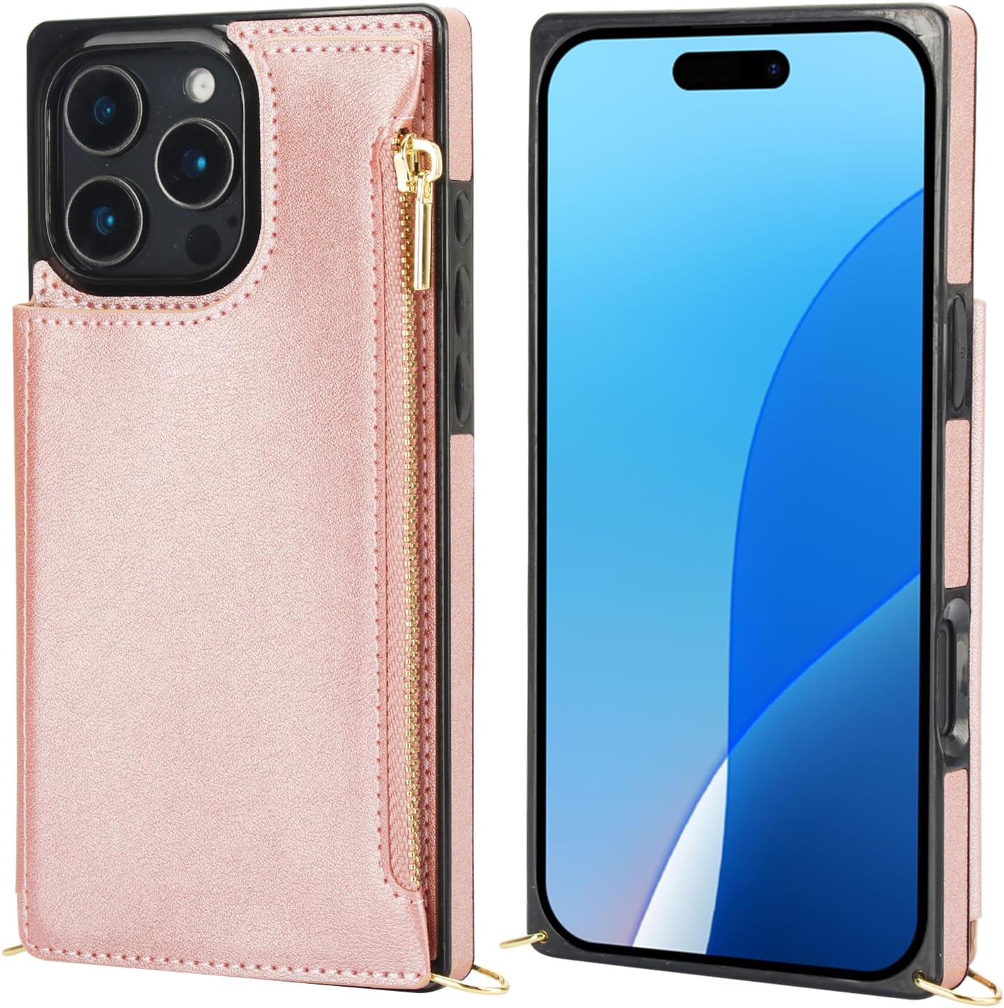 Bocasal Crossbody Wallet Case for iPhone 16 Pro Max with RFID Blocking Card Slot Holder, Magnetic Flip Folio Purse Case, PU Leather Zipper Handbag with Detachable Lanyard Strap 6.9 Inch 5G (Rose Gold)