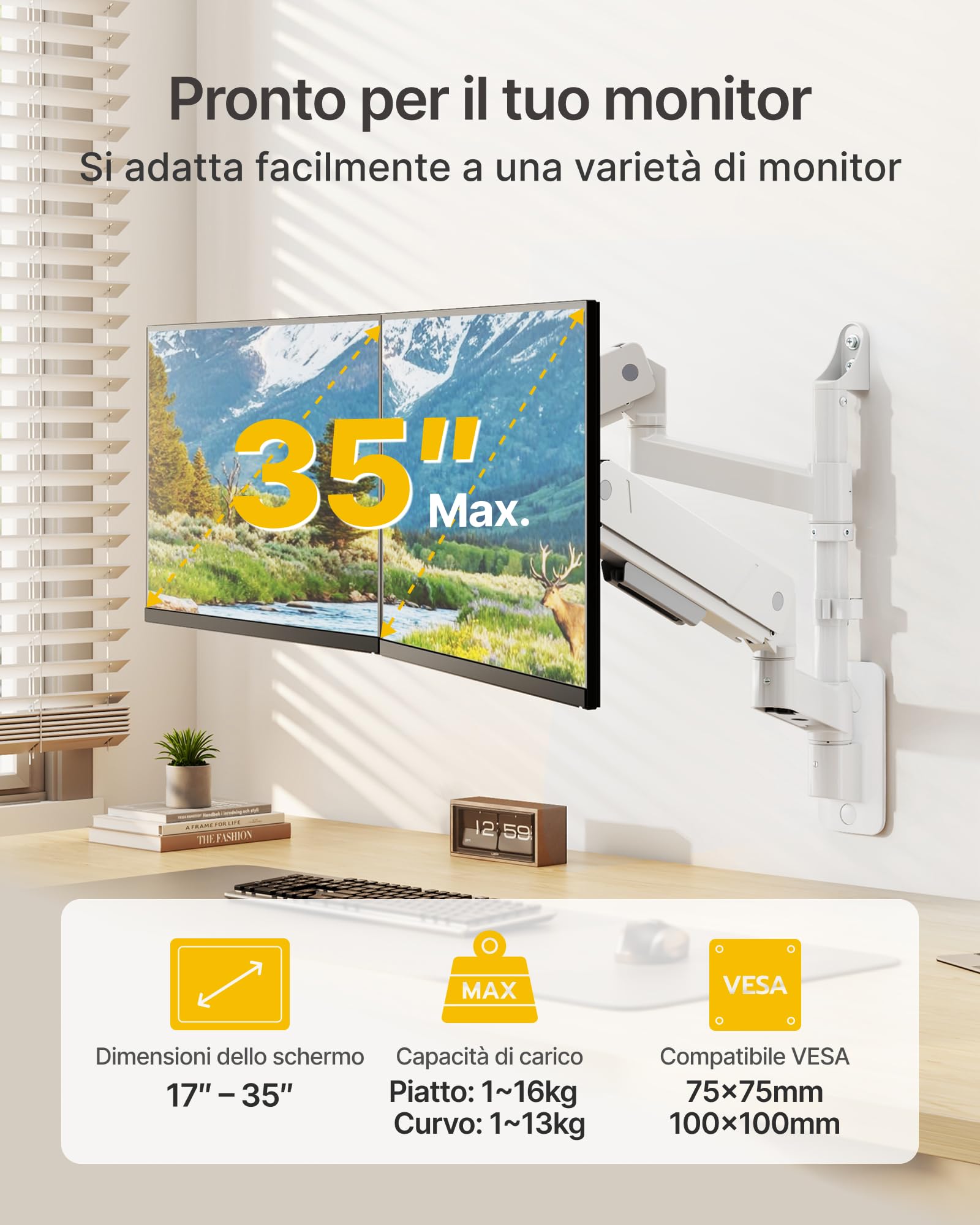 monTEK Supporto da parete per 2 monitor per schermi da 17-35 pollici, fino a 9 kg per braccio, inclinabile, girevole, regolabile in altezza, completamente mobile, VESA 75/100 mm, bianco