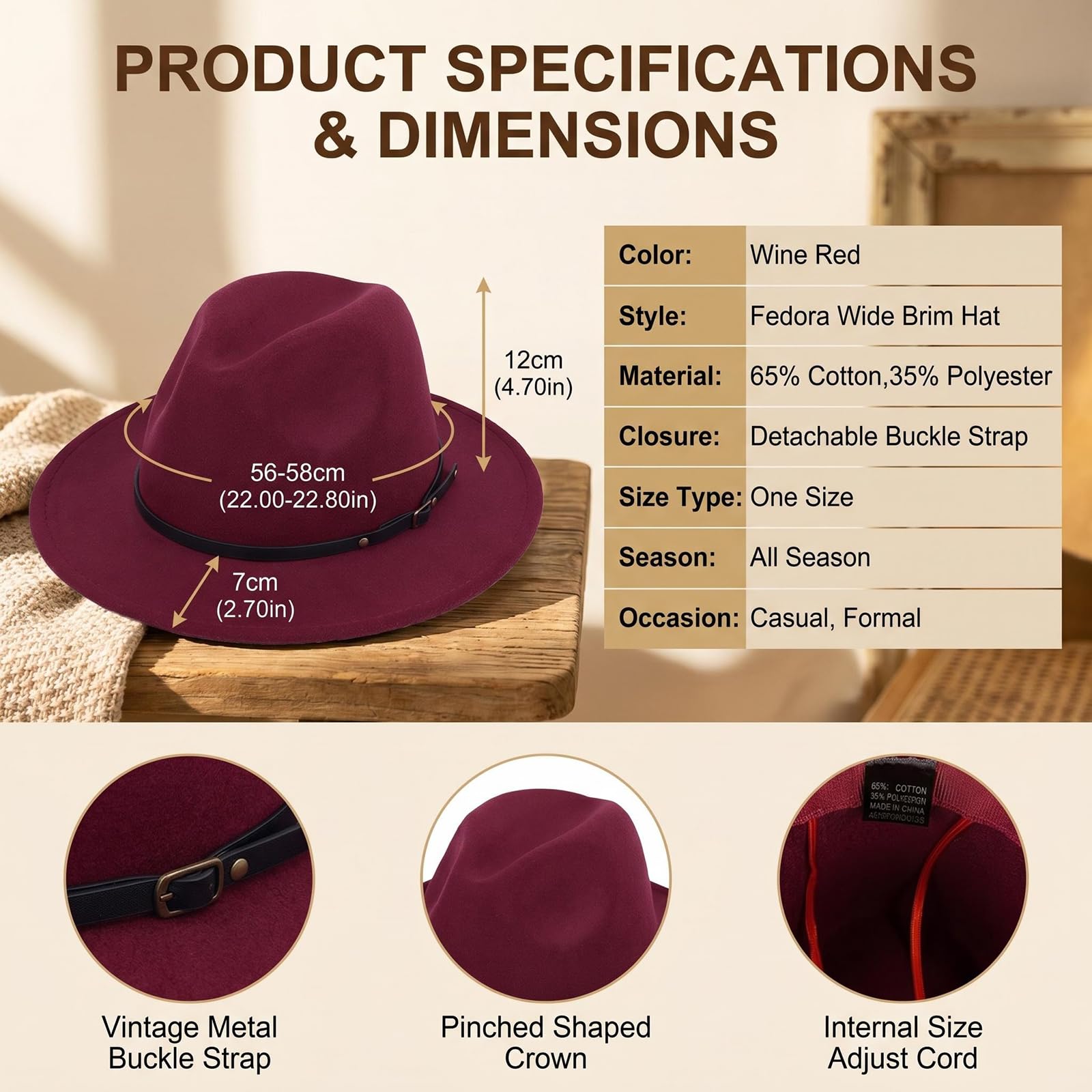 Chapeau Fedora unisexe à large bord avec boucle de ceinture réglable classique Panama Église Chapeau pour homme et femme