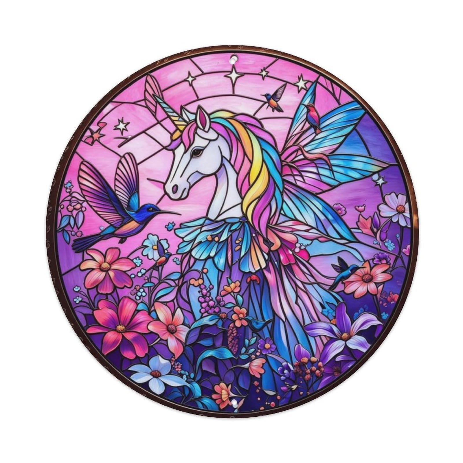 Stained Glass Rainbow Unicorn Metal Tin Sign Plaque
