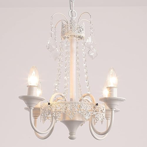 K9 Crystal Mini French Country Chandelier 4 Lights Candle White Chandelier Light Fixtuer for Dining Living Room Bedroom,Girl Room,E12,W18.3 X H17.9