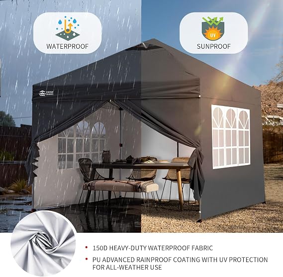 CROWN SHADES Pop Up Gazebo with 4 Sides, 3m x 3m Waterproof Pop Up Tent, CenterLok One Push Instant Garden Shelter, Heavy Duty Gazebo with Carry Bag, Bonus 8 Stakes and 4 Ropes