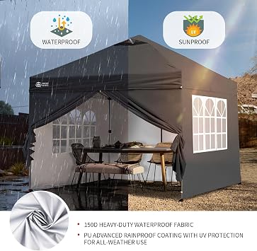 CROWN SHADES Pop Up Gazebo with 4 Sides, 3m x 3m Waterproof Pop Up Tent, CenterLok One Push Instant Garden Shelter, Heavy Duty Gazebo with Carry Bag, Bonus 8 Stakes and 4 Ropes
