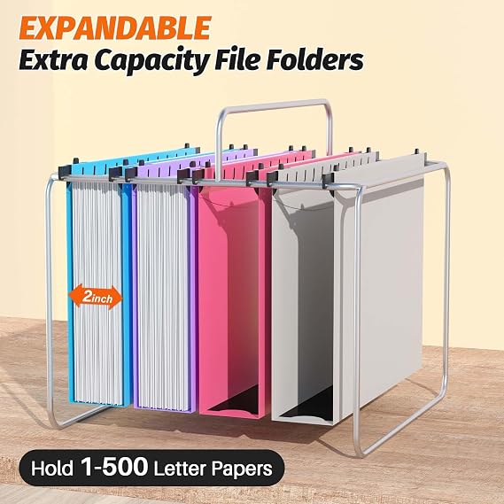 Extra Capacity Plastic Hanging File Folder, 12 Pack Reinforced Hang Folders Letter Size, Heavy Duty 2 Inch Expansion Filing Cabinet Folders for Bulk Files, Medical Charts, Assorted Colors