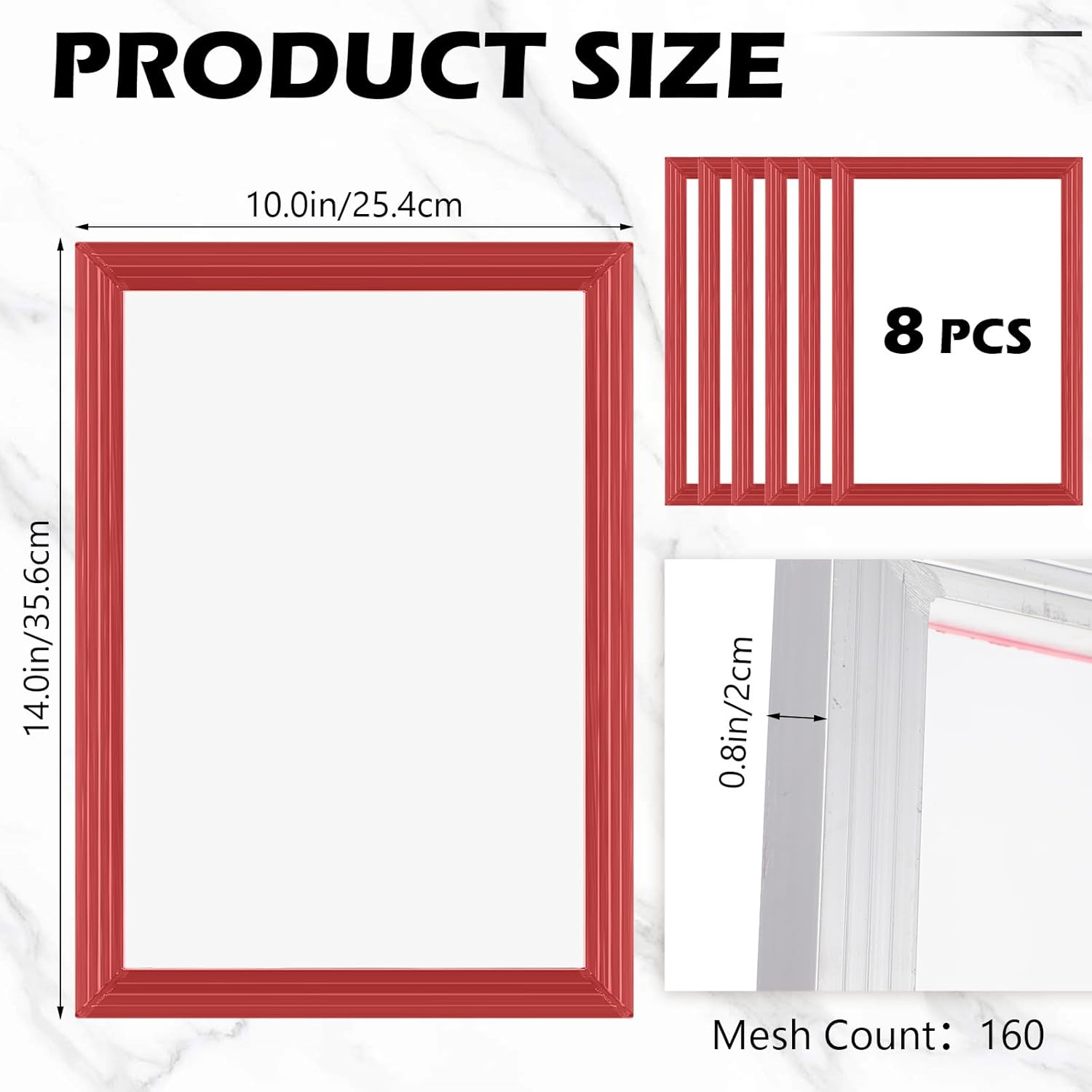 Zonon 8 Pieces 10x14 Inch Aluminum Silk Screen Printing Frames with 160 White Mesh White Polyester Screen and Red Glue Pre-Stretched Silk Frame for DIY T-Shirt Printing